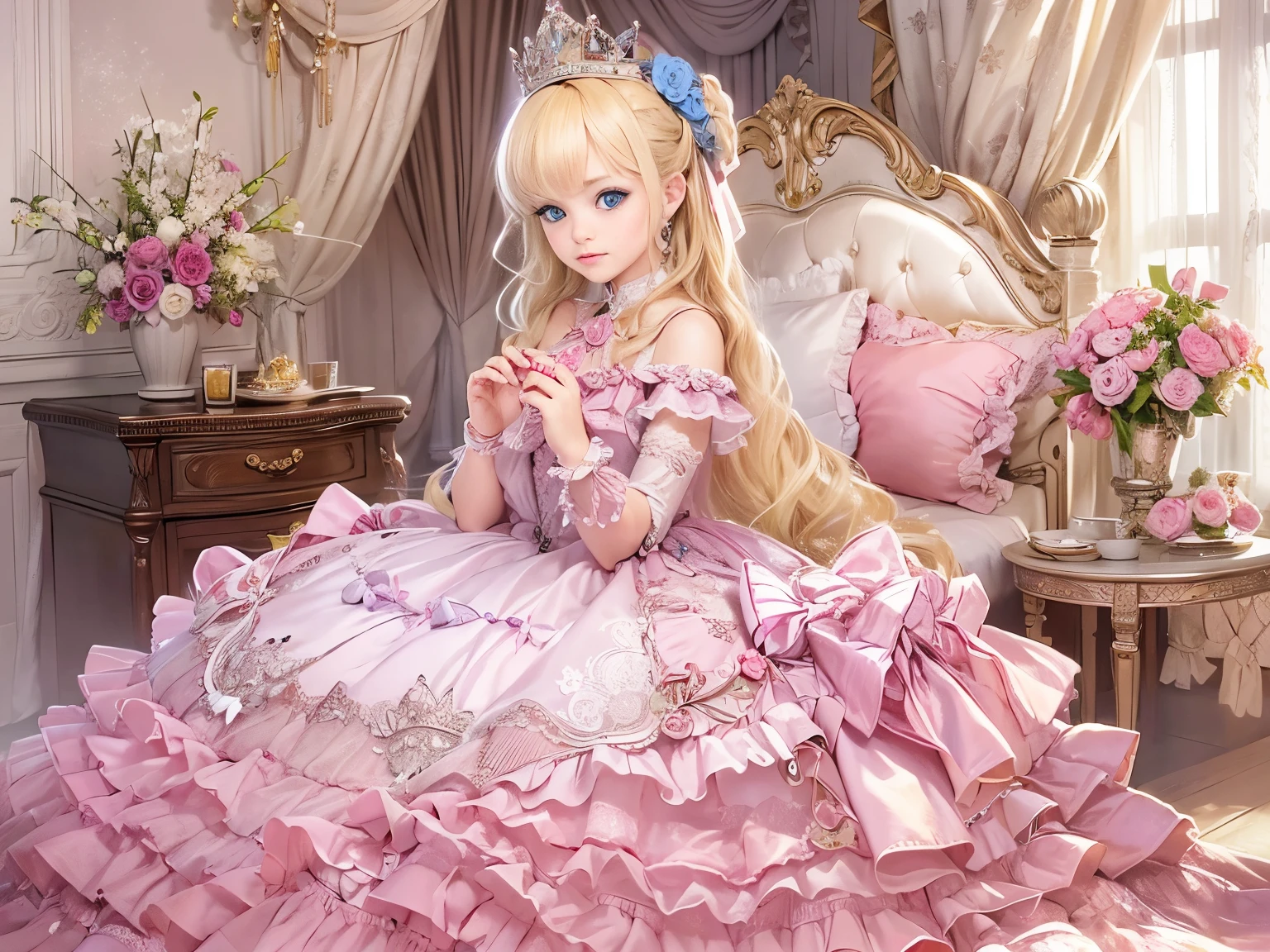 photograph,((realistic)),highest quality, masterpiece, highest resolution, artwork, super それにget used to it, many get used to it, get used to it, それにget used to it,(), (),(pretty girl),(10 years old),((white skin)),((blonde)),((blue eyes)),the girl is a princess,((girly dark pink satin fabric)), ((Victorian ball gown princess dress with plenty of pink ruffles and bows and a voluminous full-length hoop skirt.)),long sleeve,long dress,A dress with lots of frills and ribbons...,luxury, ((palace bedroom)), ((Huge luxury victorian canopy king size princess’s bed)), lots of frilly pillows,ruffle bed skirt,sitting on the bed,high quality beautiful girl,high quality dresses,high quality princess bed,