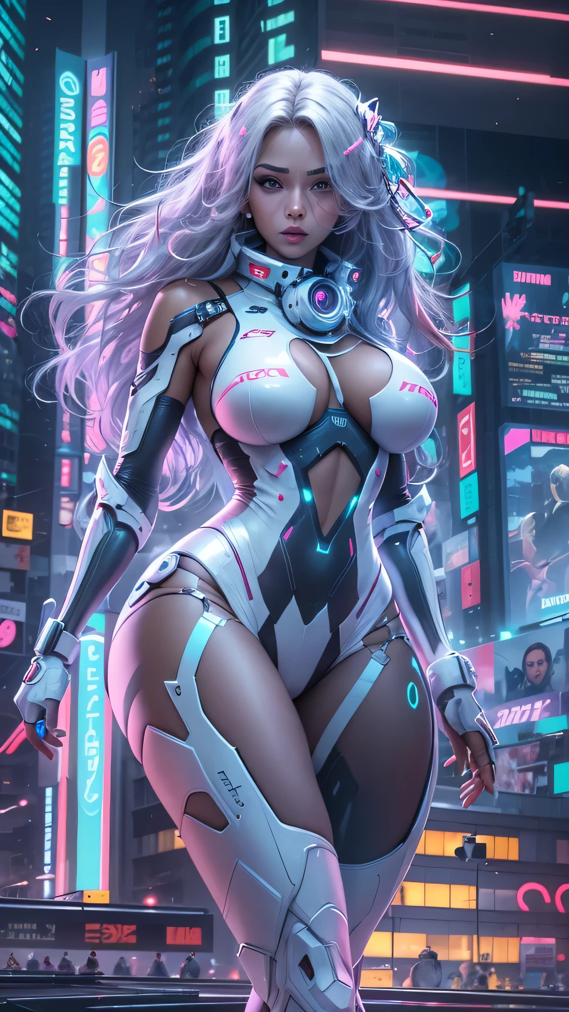 Gorgeous girl, big breasts, big ass, Thin waist, open legs, high facial detail, White Futuristic Sexy Mirror Suit, cyberpunk, purple very long hair, City of the future, hologram, neon lighting, ultra detailed, A high resolution, Masterpiece, high quality,  ultra detailed, A high resolution, 