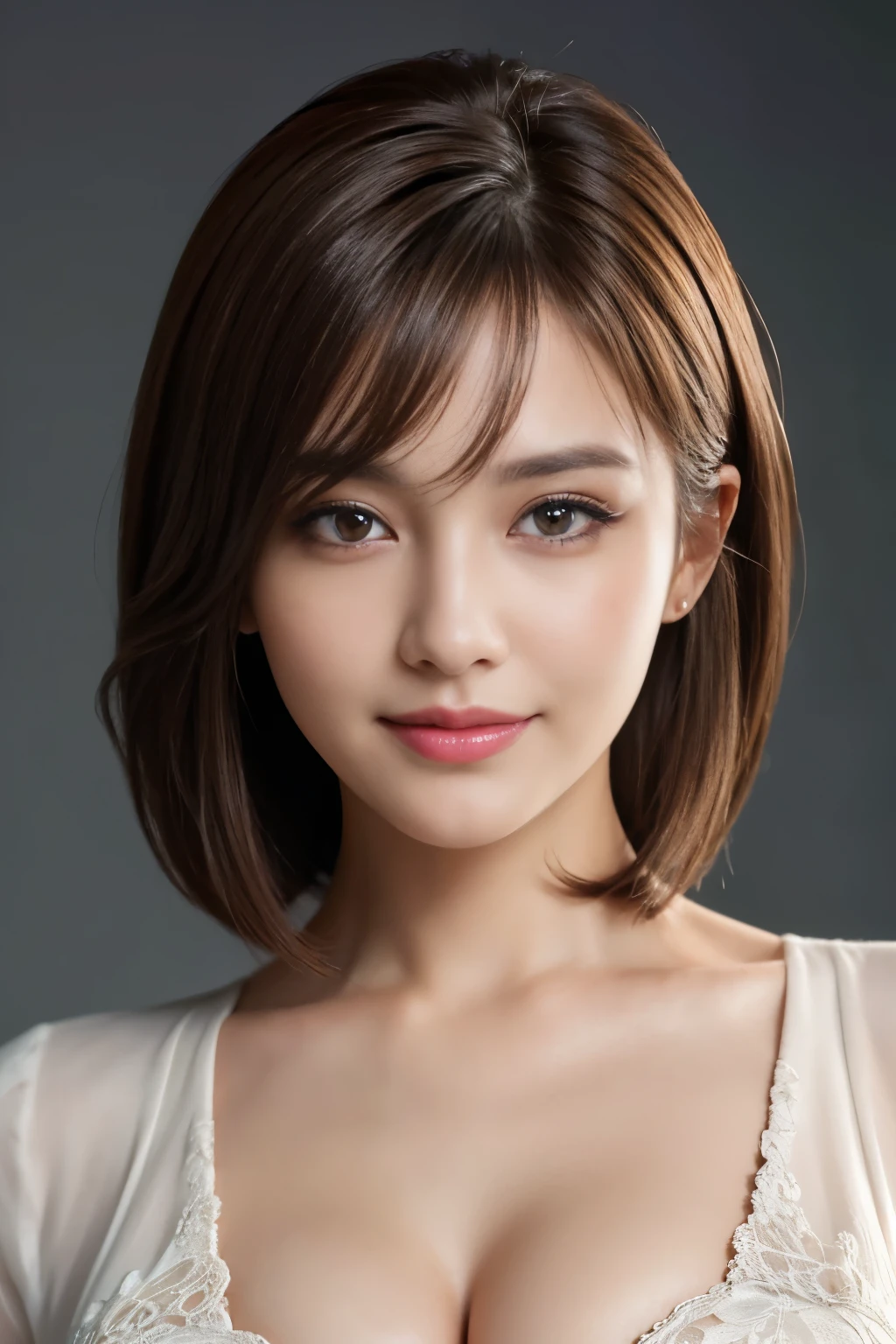 table top, highest quality, realistic, Super detailed, finely, High resolution, 8k wallpaper, 1 beautiful woman,, Light brown shorthair, wearing a business suit, sharp focus, perfect dynamic composition, beautiful and detailed eyes, thin hair, Detailed realistic skin texture, smile, close-up portrait, model body shape,cleavage