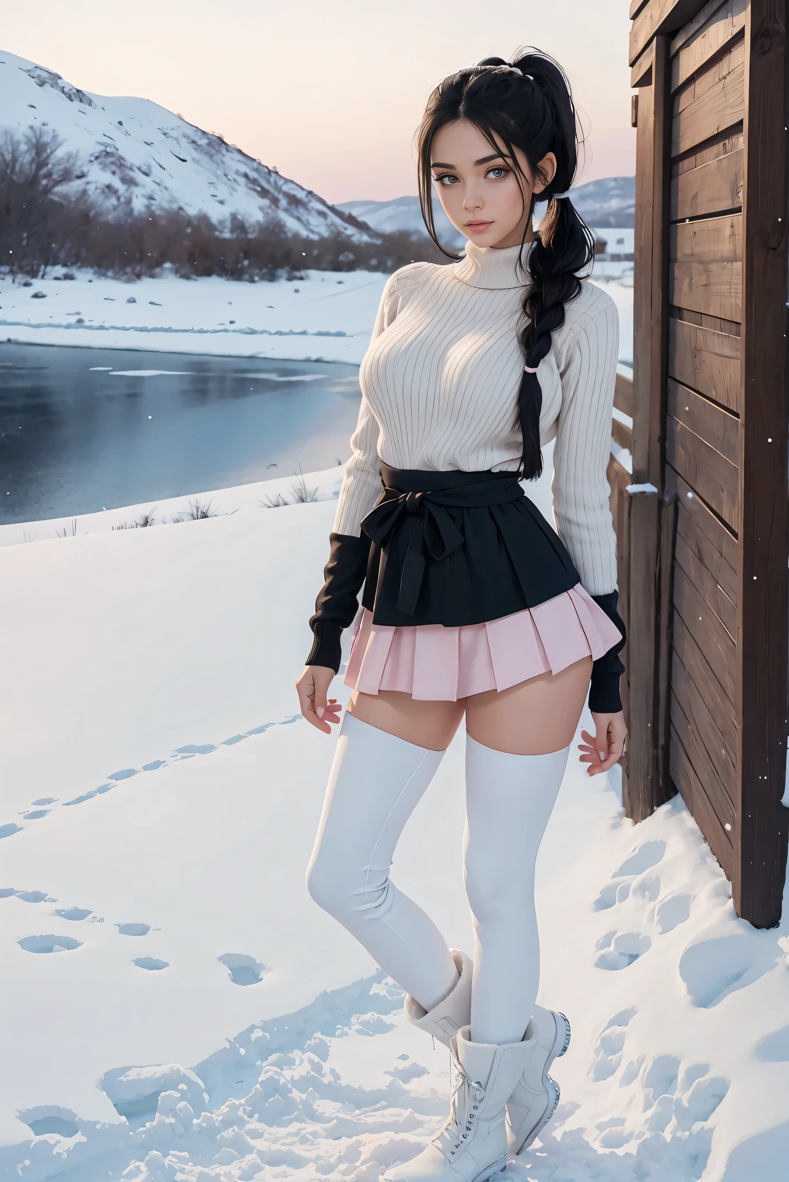 (Best Quality,High resolution:1.2), Ultra-detailed, Realistic portrait, hot Cypriot girl,, pretty face, perfect long legs, full body, tiny waist. large breasts, standing, tight white jumper, black high waist leggings, pink and white snow boots, in the snow, large blue eyes, long black hair tied up with a ribbon, pigtails, tight high waist skirt, woolen socks