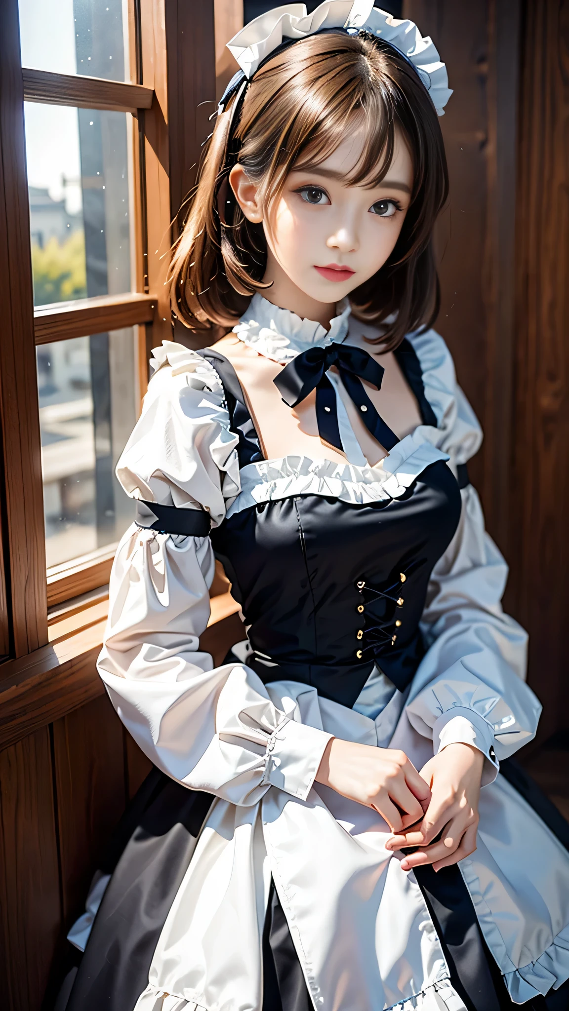 Beautiful white and shining skin、Chestnut hair that changes depending on the light、Long bangs between the eyes that obstruct the view、Cheek gloss highlights、Sexy and very beautiful nice gorgeous face、the most beautiful face in the world、short bob、Smooth straight hair、medium breasts、Big and bright eyey eyes are shining、beautiful bangs、Beautiful and beautiful woman、small face beauty、headdress、white blouse、black ribbon、ruffle skirt、puff sleeves、collar、choker、white apron with fine frills、black maid costume、
