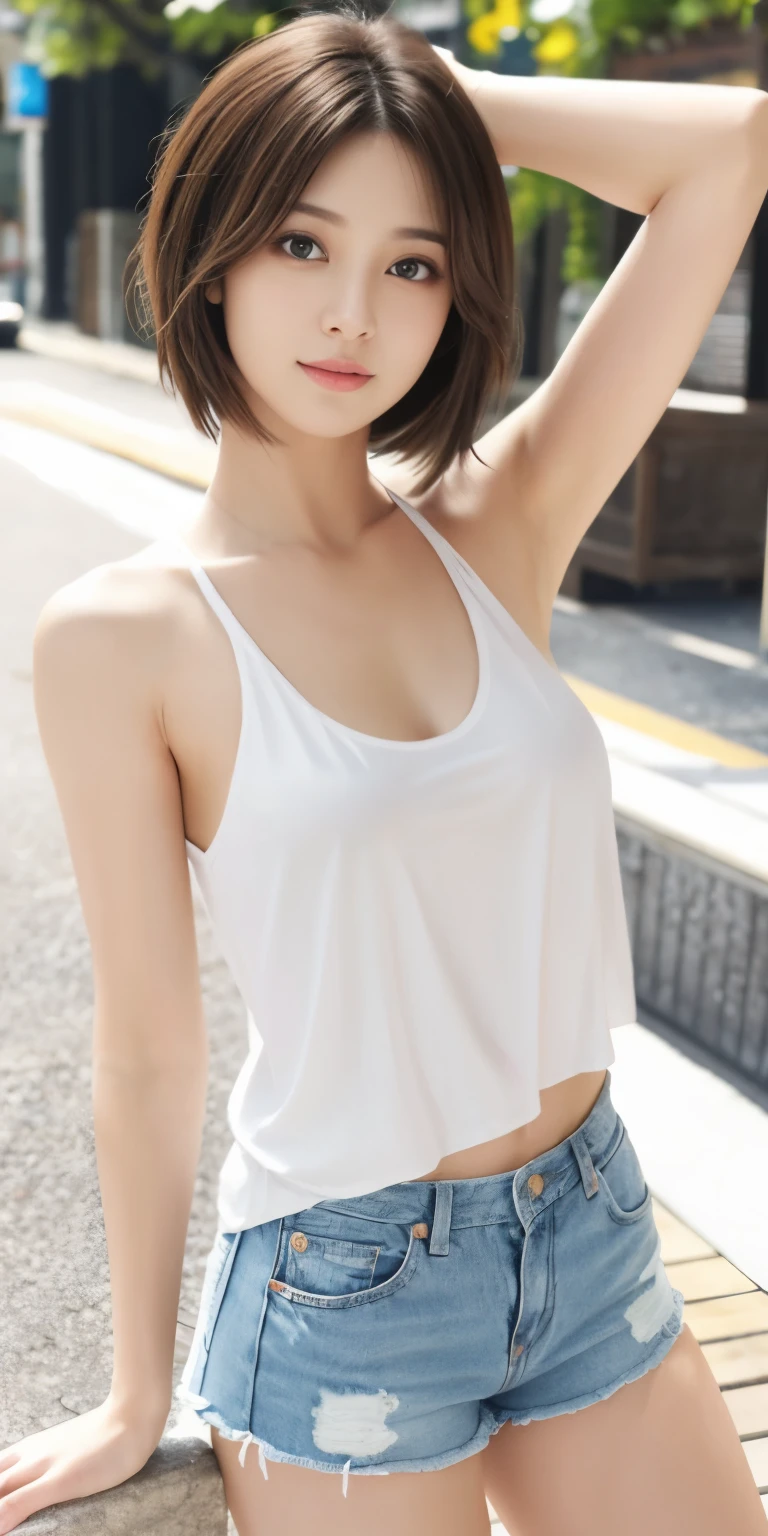 Photoreal、Masseter muscle part、highest quality、High resolution、RAW photo、realistic、bright lighting、face light、smooth professional lighting、japanese woman、Beautiful woman、modeled、gravure、sexy、super beautiful、realistic and beautiful skin、beautiful and detailed eyes、detailed face、slim、medium、short hair、brunette colored hair、brown eyes、looking at camera、white tank top、shorts、pose for a photo