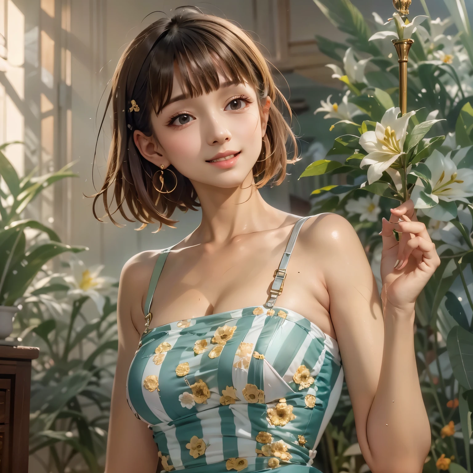 1 girl, Blue eyes. Full-length, holding a lily in her hand, short blue bell dress with yellow stripes, straps, and open shoulders. Blue eyes glow with happiness. Head tilted, short brown hair, graceful head, with a clear smile on her face, Chic interior - sunshine. Chara, a golden studio background, stands among white flowers. Brown hair, blunt bangs, hair between the eyes, parted bangs, long eyelashes, earrings, slight smile, Realism, Surrealism, Art Deco, chiaroscuro, backlighting, masterpiece, anatomically correct, super detail, excellent detail, award-winning, best quality, 1080P, HD