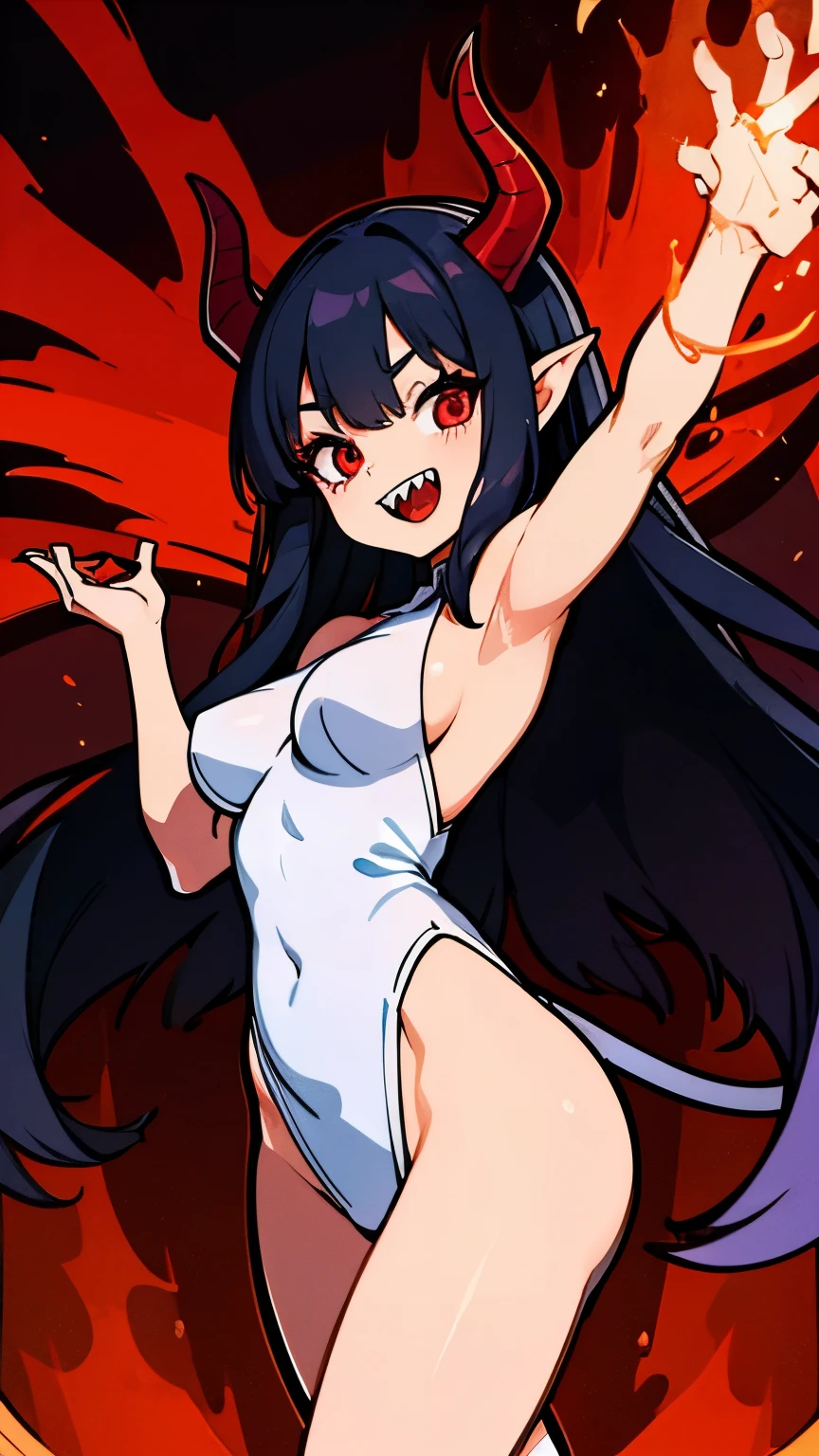 Mature curvaceous demon woman with long black hair,  sharp teeth, glowing red eye, tail 