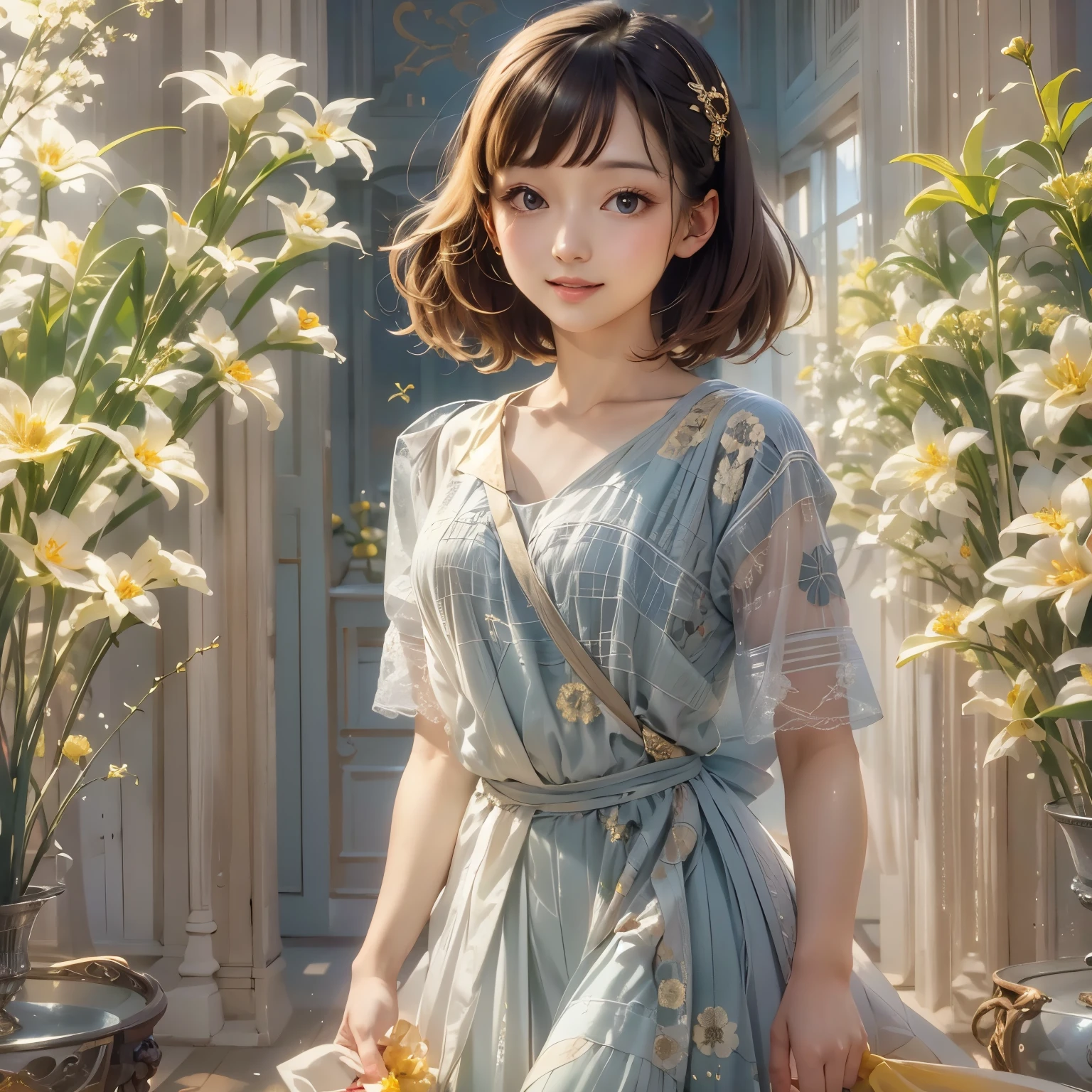 1 girl, Blue eyes. Full-length, holding a lily in her hand, short blue bell dress with yellow stripes, straps, and open shoulders. Blue eyes glow with happiness. Head tilted, short brown hair, graceful head, with a clear smile on her face, Chic interior - sunshine. Chara, a golden studio background, stands among white flowers. Brown hair, blunt bangs, hair between the eyes, parted bangs, long eyelashes, earrings, slight smile, Realism, Surrealism, Art Deco, chiaroscuro, backlighting, masterpiece, anatomically correct, super detail, excellent detail, award-winning, best quality, 1080P, HD