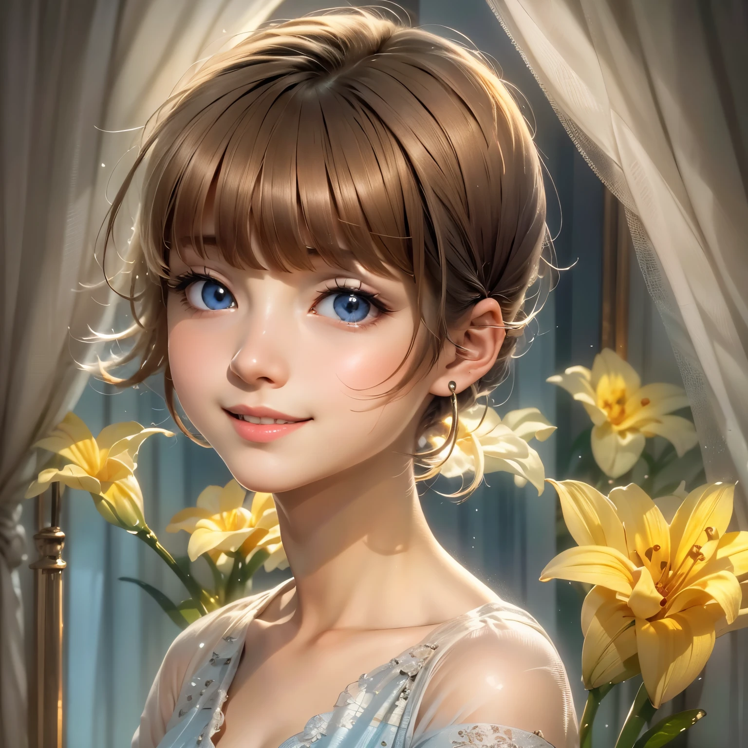 1 girl, Blue eyes. Full-length, holding a lily in her hand, short blue bell dress with yellow stripes, straps, and open shoulders. Blue eyes glow with happiness. Head tilted, short brown hair, graceful head, with a clear smile on her face, Chic interior - sunshine. Chara, a golden studio background, stands among white flowers. Brown hair, blunt bangs, hair between the eyes, parted bangs, long eyelashes, earrings, slight smile, Realism, Surrealism, Art Deco, chiaroscuro, backlighting, masterpiece, anatomically correct, super detail, excellent detail, award-winning, best quality, 1080P, HD