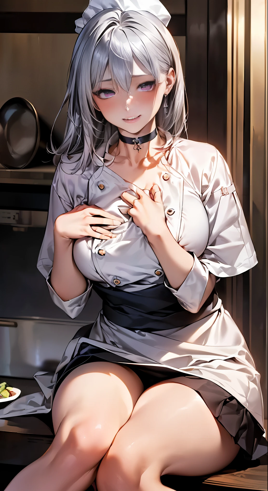 best quality)), ((masterpiece)), (detailed), (perfect cute face), -yeld Kon girl, short white hair, nude, wearing a chef's hat, brown eyes, ultra huge , perfect sexy body, full body nightlight, wearing only a translucent apron, standing in the kitchen.