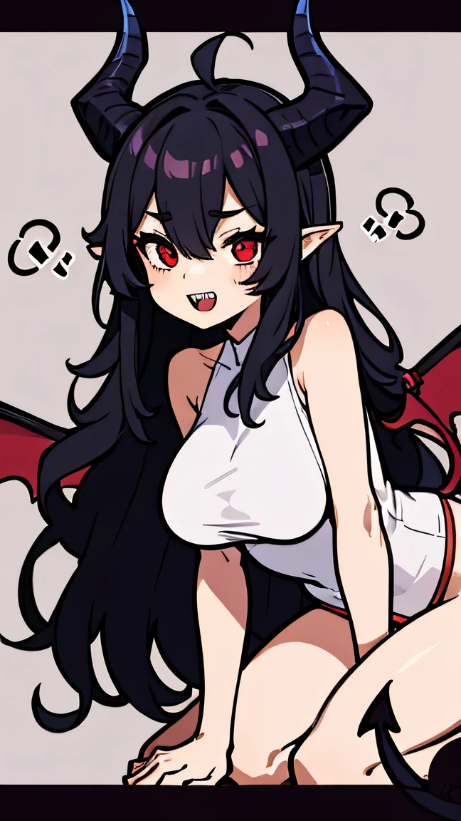 Mature curvaceous demon woman with long black hair, sharp teeth, glowing red eyes, lion tail, adult, powerful, large wings on back, ram horns