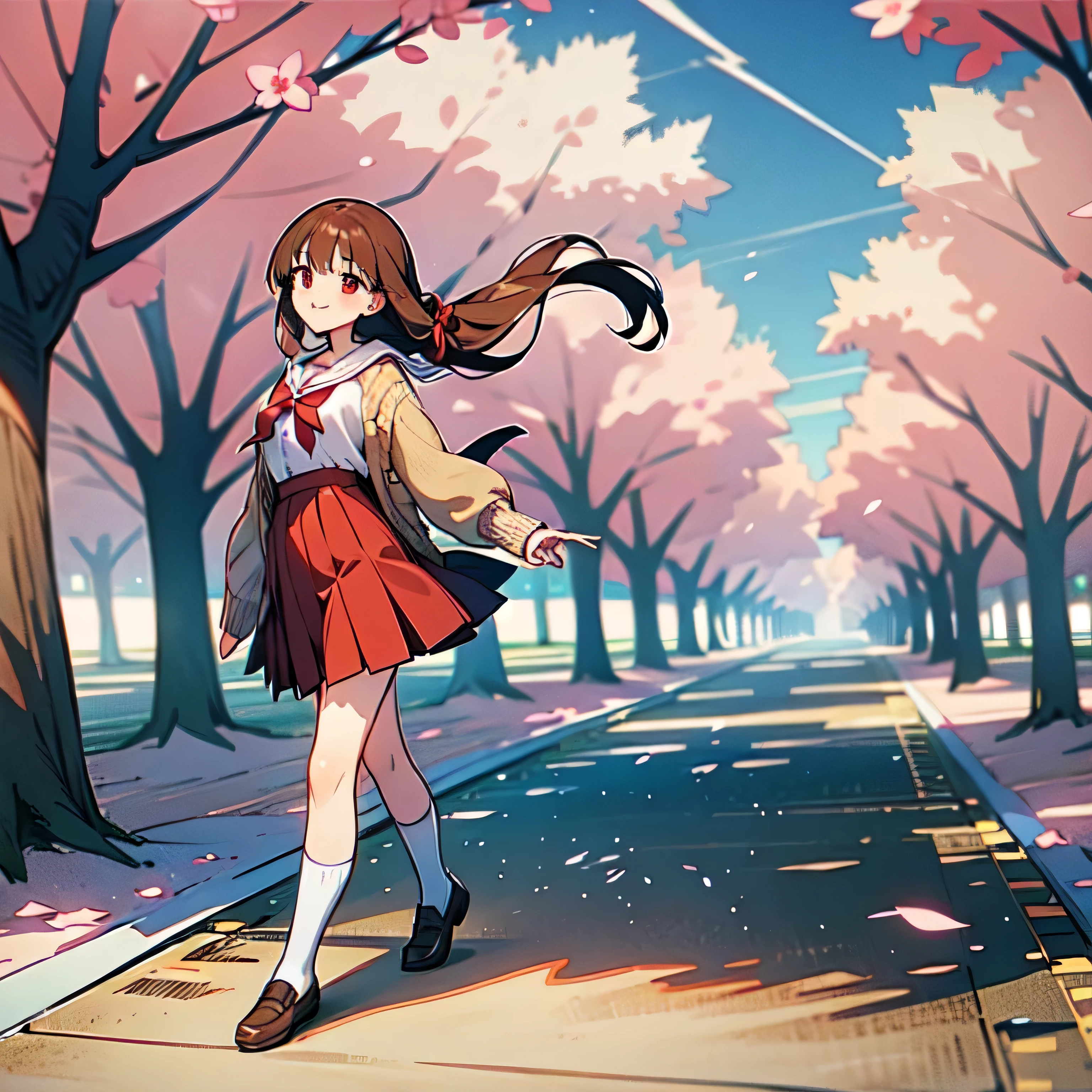 1girl, best quality, nagamori mizuka, ONE kagayaku kisetsu he, red eyes, long hair, light brown hair, yellow ribbon behind hair, school uniform, red skirt, knee length skirt, white socks, brown shoes, white shirt with a red bow, sand colored cardigan sweater, smiling, hands behind, full body, in front of a japanese style house, looking at viewer, spring scenery