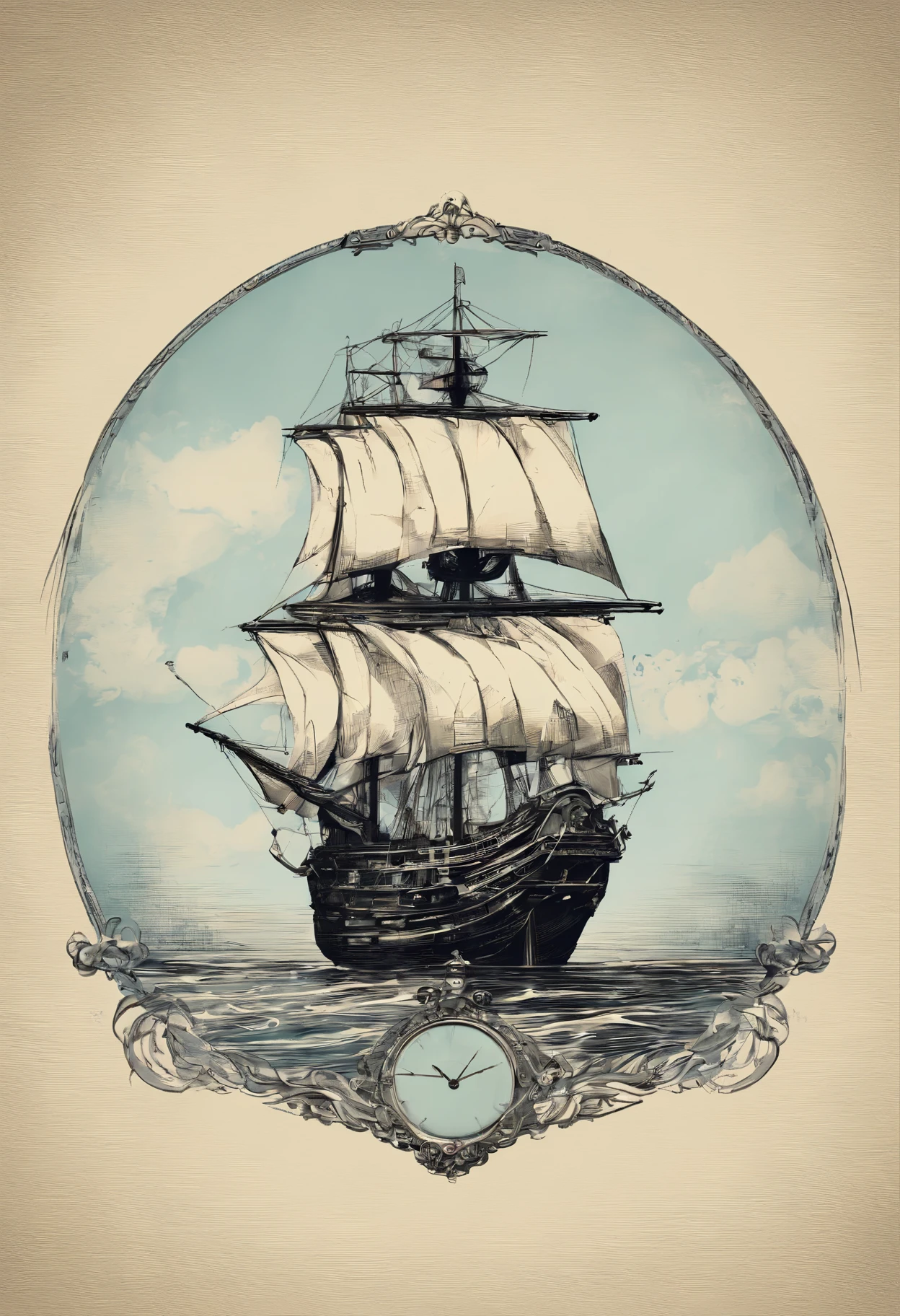 pocket watch, sailing ship, simple background, (best quality,highres,masterpiece:1.2),minimalist,realistic,photorealistic:1.37,lamp,pocket watch shape,top hat texture,lamp pattern,pocket watch details,beautiful detailed, gentle,serene,calm atmosphere,cold colors,soft lighting.