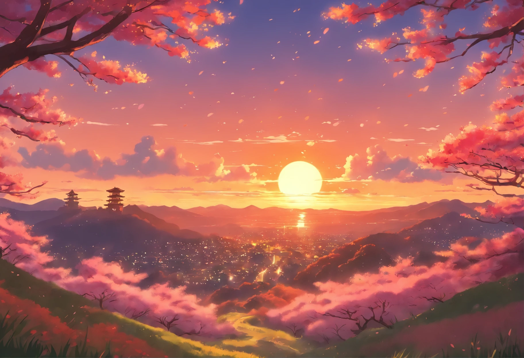 Anime-style depiction of a serene landscape at sunset, with fields of vibrant, blooming sakura trees, in the style of Studio Ghibli and Kyoto Animation.