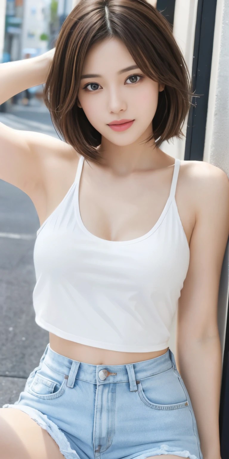 Photoreal、Masseter muscle part、highest quality、High resolution、RAW photo、realistic、bright lighting、face light、smooth professional lighting、japanese woman、Beautiful woman、modeled、gravure、sexy、super beautiful、realistic and beautiful skin、beautiful and detailed eyes、detailed face、slim、medium、short hair、brunette colored hair、brown eyes、looking at camera、white tank top、shorts、pose for a photo