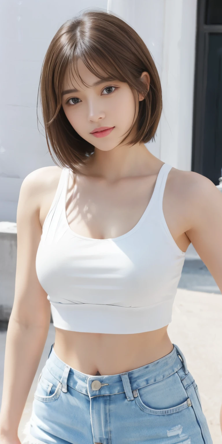 Photoreal、Masseter muscle part、highest quality、High resolution、RAW photo、realistic、bright lighting、face light、smooth professional lighting、japanese woman、Beautiful woman、modeled、gravure、sexy、super beautiful、realistic and beautiful skin、beautiful and detailed eyes、detailed face、slim、medium、short hair、brunette colored hair、brown eyes、looking at camera、white tank top、shorts、pose for a photo