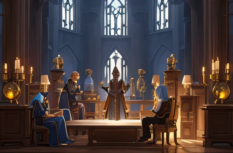 fantasy group of alchemists mysterious with a palace, steampunk government palace misterious, confusional and chaotic, alchemic and mechanic ideas, realistic, fantasy style, lot of alchemists