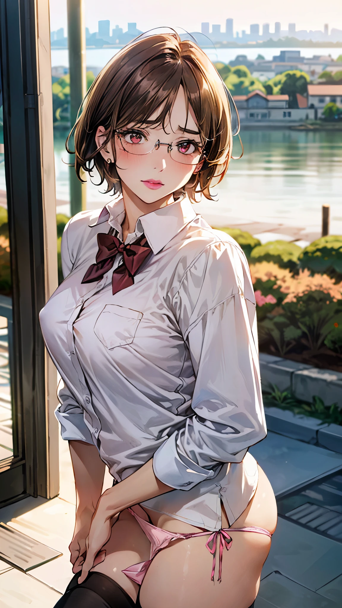 (masterpiece:1.2, top-quality), (realistic, photorealistic:1.4), beautiful illustration, (natural side lighting, movie lighting), , 
looking at viewer, breasts focus, from side, 1 girl, high school girl, japanese, perfect face, perfect anatomy, cute and symmetrical face, round face, shiny skin, 
(short hair:1.6, pixie cut:1.5, orange brown hair), swept bangs, red brown eyes, long eye lasher, pink lip, (large breasts, thick thighs, big ass), nipple hardening, 
beautiful hair, beautiful face, beautiful detailed eyes, beautiful clavicle, beautiful body, beautiful chest, beautiful thigh, beautiful legs, beautiful fingers, 
((symmetrical clothing, white collared shirts, pink panty), dark red  bow tie, black thigh-highs, red glasses:1.3), , 
(beautiful scenery), depth of field, morning, (riverside, cityscape in the distance), walking, leaning forward, (astonished, blush), 