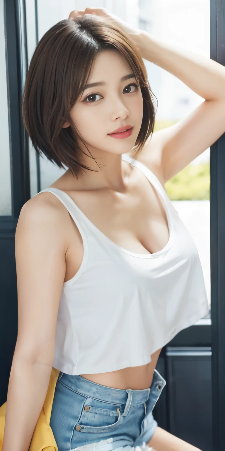 Photoreal、Masseter muscle part、highest quality、High resolution、RAW photo、realistic、bright lighting、face light、smooth professional lighting、japanese woman、Beautiful woman、modeled、gravure、sexy、super beautiful、realistic and beautiful skin、beautiful and detailed eyes、detailed face、slim、、short hair、brunette colored hair、brown eyes、looking at camera、white tank top、shorts、pose for a photo