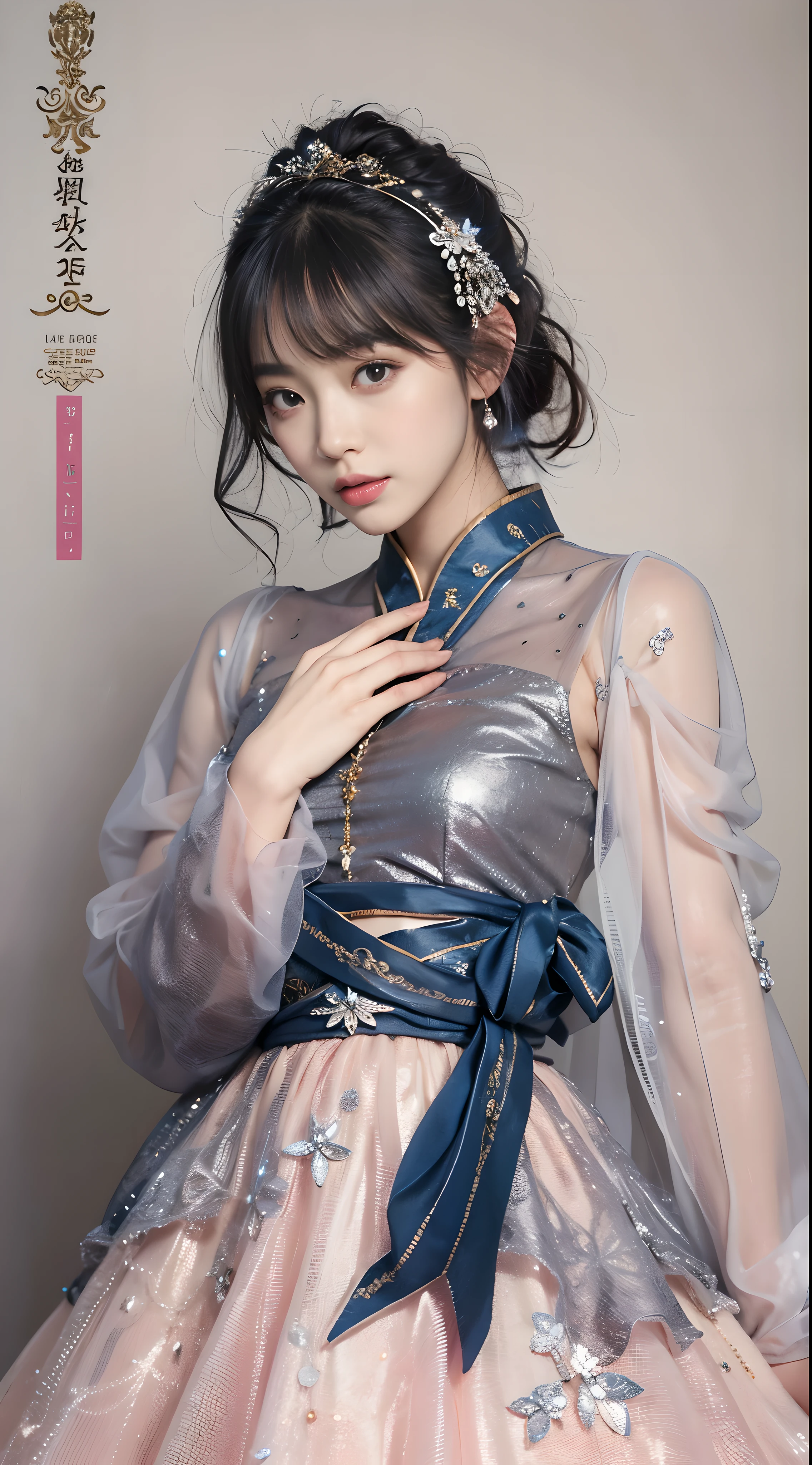 (highest quality、8k、16k、masterpiece、realistic、Super detailed、Beautiful in every detail、ray tracing)、photograph、break、The main character of the dress is a deep navy blue silk reminiscent of the night sky..、soft, A flowing silhouette is drawn from the chest to the hem..、Like the stars々Creates a fantastic atmosphere that makes you feel as if you are dancing in space..、The chest is studded with small diamonds and sapphires..、emit a faint light、Delicately embroidered with sheer lace on the hem.、Like the stars座の輪郭を彷彿とさせるデザインとなっています、The back is decorated with feathers..、It transforms the wearer into an angel-like being..、You will feel magical when you wear this dress, It's like flying freely through space.、break 、beautiful asian girl、Looks like a Korean idol、25 year old female model、(detailed face、golden ratio of beauty)、gentle smile、lip details、fine eyes、short bob hair、silver hair、Super cute face with pink mesh hair coddle style、