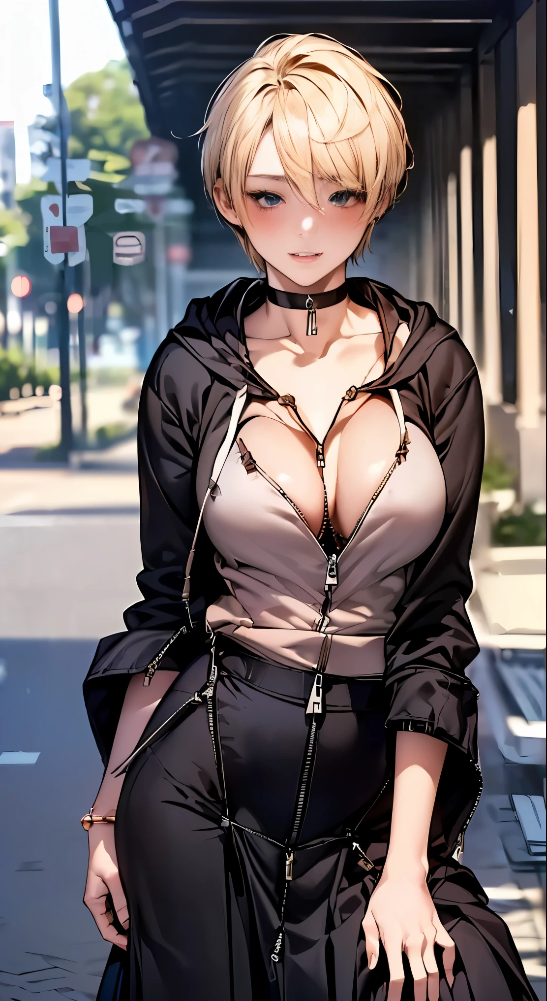 (masterpiece:1.2, highest quality), (realistic, photorealistic:1.4), beautiful illustrations,
looking at the viewer, whole body, Front view:0.6,
1 female, 25 years old, Japanese, ((blonde:1.5, handsome short hair:1.4)), No bangs, hair between eyes, ((height: 176 cm, big breasts:1.6, thin waist))
beautiful hair, beautiful face, beautiful and detailed eyes, (black eye:1.3), beautiful clavicle, beautiful body, beautiful breasts, beautiful thighs, beautiful feet, beautiful fingers, perfect anatomy:1.3,
(outdoors), ((zip up hoodie hood:1.8, long skirt:1.4, choker:1.6)), white panties:1.6,
((Grasp the hem of the skirt with your right hand, put your left hand on your chest, open your legs:1.3)),
(Look at the viewer while blushing:1.3), ((nfsw:1.4))