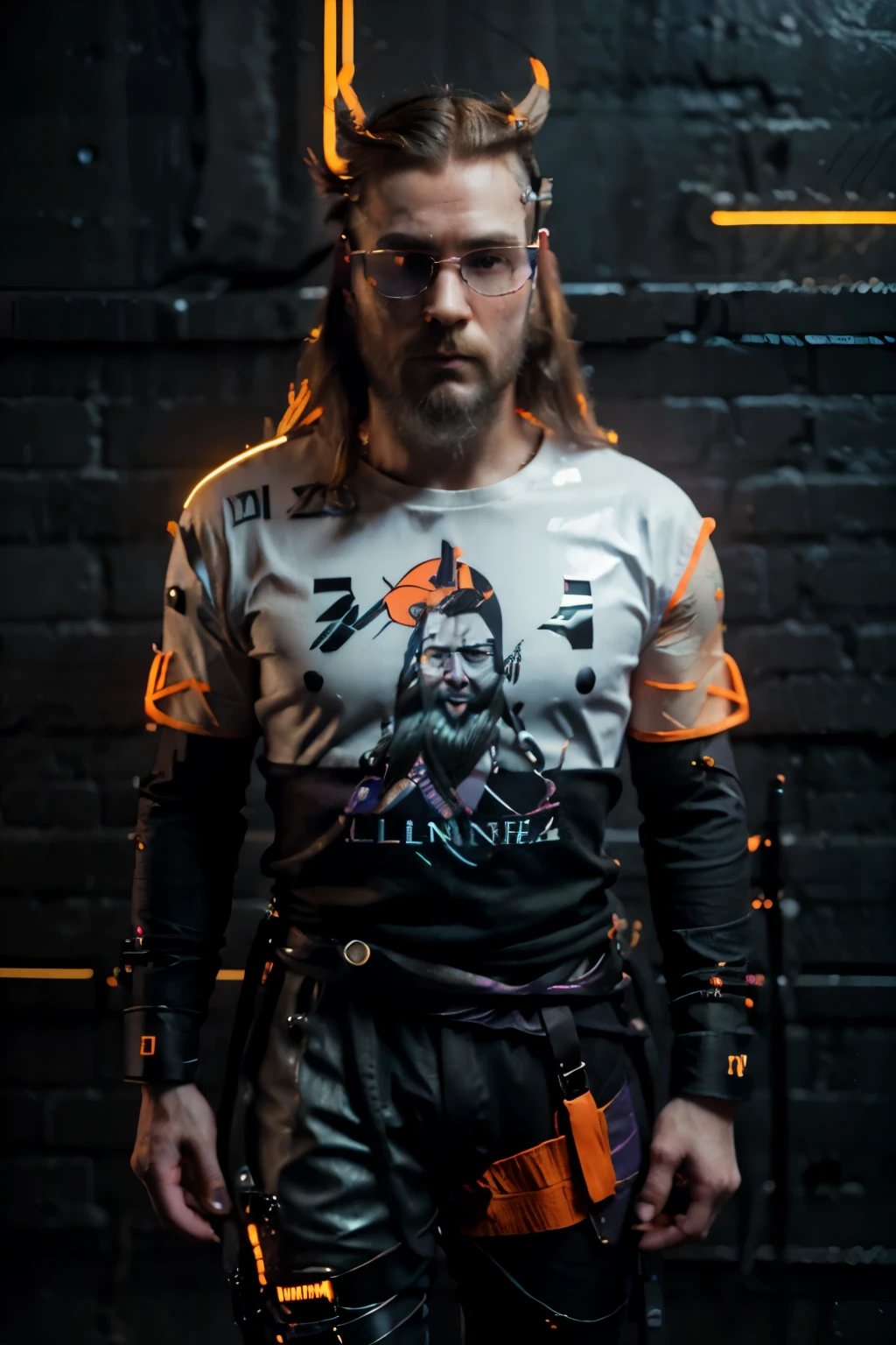 analog style, model shoot tyle, (full body), ((Viking male whit mediun long hair viking style whit colorful wires entangled on the hair fully detail)), (( viking beard and wearing futuristic visor/glasses)), ((( wearing an orange t-shirt neon colors, shining ))), bottom futuristic blue jeans whit electric orange on details, (sneakers hyper futuristic high fashioned), ((right arm full metal cybernetic arm black chromed with purple shine)), ( left hand a gold silver wire extended), (Cyberpunk, Cyberpunk city background ), ((Perfect face:1.3)), (pale skin:1.5), (From above:1.4), Best Quality, (Colors, hyperdetails:1.5), Octane Render, ultra realistic lifelike textures, masterpiece, the Extremely Detailed CG Unity 8K Wallpapers, crazy detail details, Ultra-realistic light