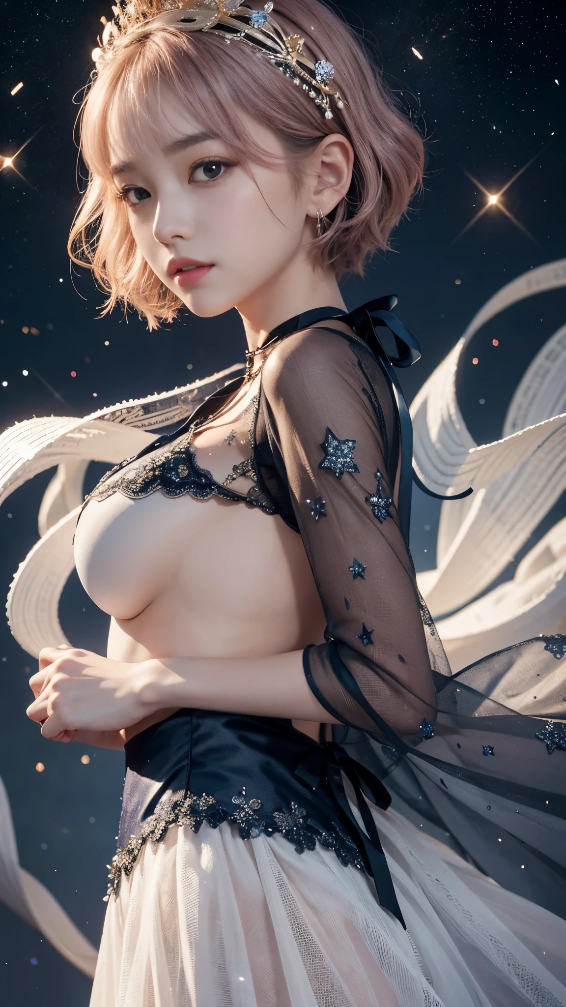 (highest quality、8k、16k、masterpiece、Realistic、Super detailed、Beautiful in every detail、ray tracing)、photograph、BREAK、The main character of the dress is deep navy blue silk reminiscent of the night sky.、A soft, flowing silhouette is drawn from the chest to the hem.、Like a star々creates a fantastic atmosphere as if dancing in space.、Small diamonds and sapphires are encrusted on the chest.、emits a faint light、Transparent lace is delicately embroidered on the hem.、Like a star座の輪郭を彷彿とさせるデザインとなっています、The back is decorated with feather-like decorations.、It will transform the wearer into an angel-like being.、Wearing this dress will give you a magical feeling, as if you are flying freely through space.、BREAK 、beautiful asian girl、face like korean idol、25 year old female model、(detailed face、Golden ratio of beauty)、gentle smile、detailed lips、detailed eyes、short bob hair、silver hair、pink mesh hair codol style super cute face、
