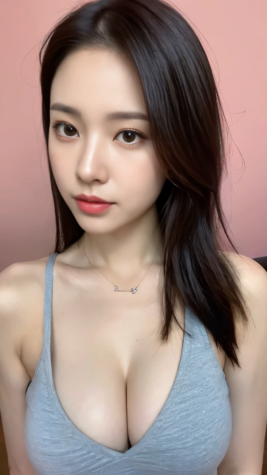 （lifelike， High resolution：1.3）， 1 Girl with perfect body， very detailed face and eyes，long hair， random color tank top：1.2， short jeans， big ，expose cleavage