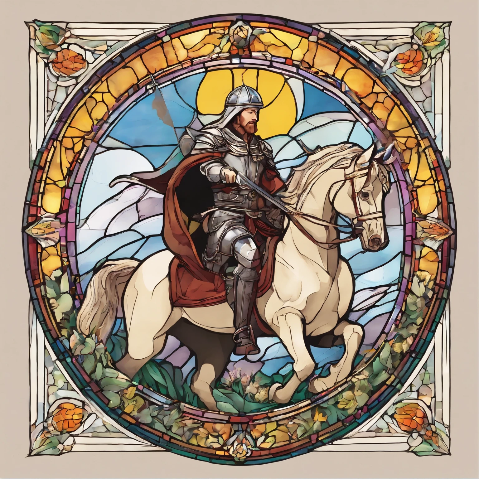 image of saint george on horse holding sword well defined, conceito de personagem, hand drawn cartoon illustration, Solid and vivid background, Multar, Escala detalhada, soft lighting, Created by Lois Van Barl and Reusch and Ross Tran and Ross Drås and Sam Yang and Sam Ess Arts and Altgerm, melhor qualidade, mesa