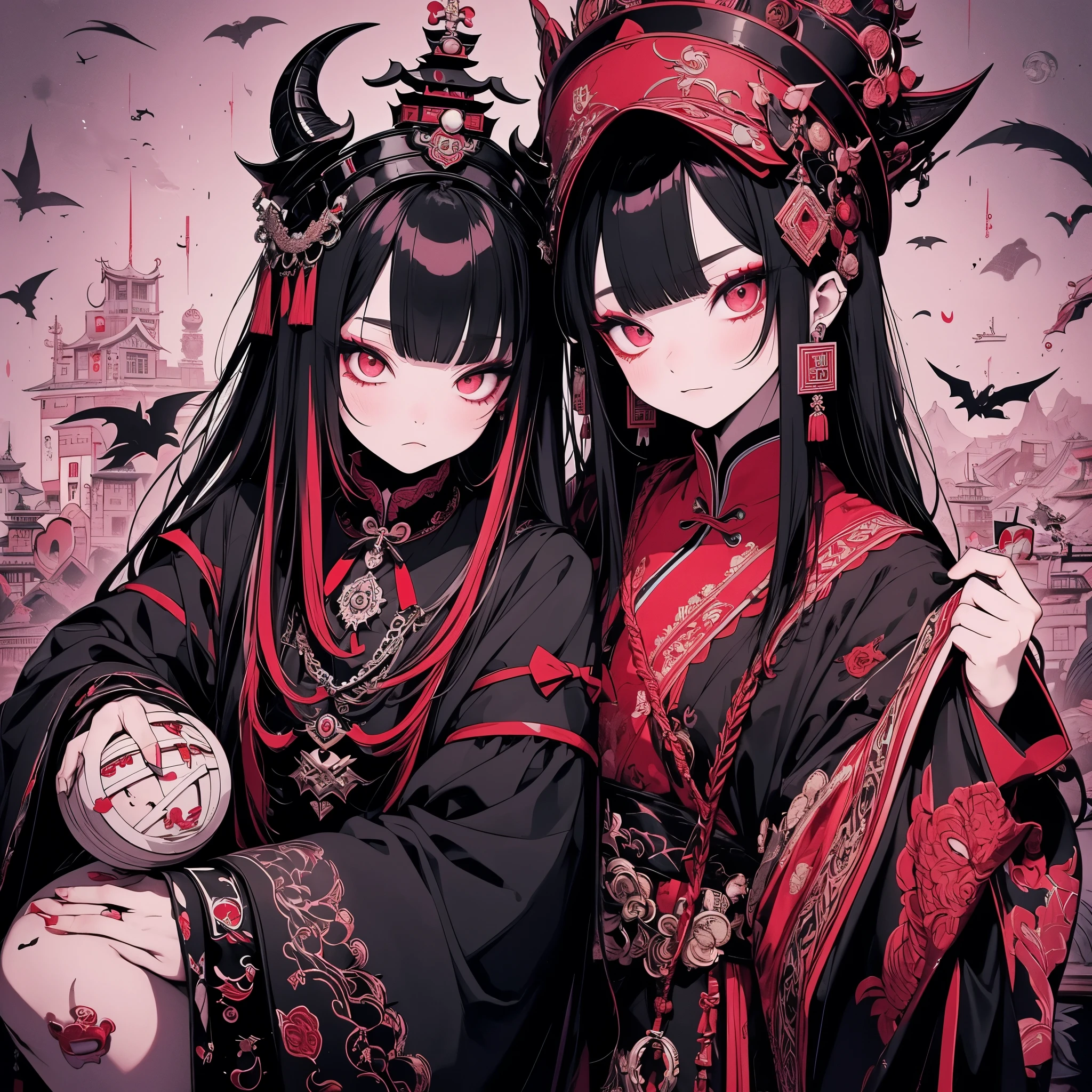 Chinese Gothic Punk、Jiangshi City style,Daughter of the Chinese emperor、Overwhelming intimidation、Put your hands in your sleeves,(Comic ???? Style),(line drawing_anime),(solid color_high contrast),(table top, highest quality, ),(roller bad picture:1.2),(Lora Add Details:1.2),8K, flat color:1.2,1 girl,Jiangshi City QUEEN SITTING ON A CRIMSON THRONE WEARING A HEAVY CLOAK,Jiangshi City,BEAUTY Jiangshi City、very long hair、Peking Opera style makeup,Luxurious costumes with beautiful embroidery_Dragon and phoenix embroidery:1.2,(roller:add more details:1.2)