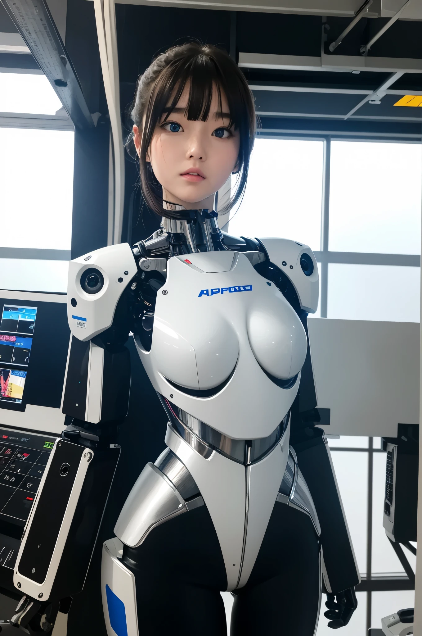 masterpiece, best quality, extremely detailed, Japaese android girl,Plump ,control panels,android,Droid,Mechanical Hand, Robot arms and legs,Blunt bangs,perfect robot girl,long tube,thick cable connected her neck,android,robot,humanoid,cyborg,japanese cyborg girl ,robot-assembly plant,She has assembled now,assembly scene,chest monitor,blue eyes