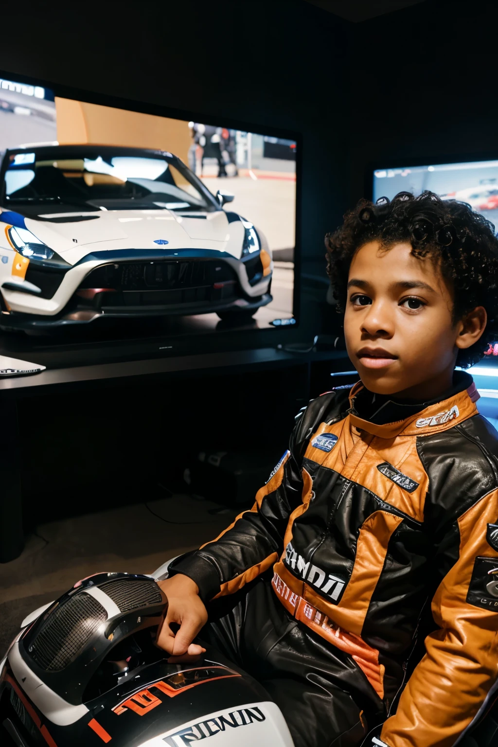 in the immersive world of grand turismo on PS5 a handsome -yead boyth curly hair, brown-skinned African American the room is transformed into a high-octane racing arena. He grips the gaming controllers in hand, sitting in a replica car from the game. He prepares for an intense yet excited go at it. Face the opposite way