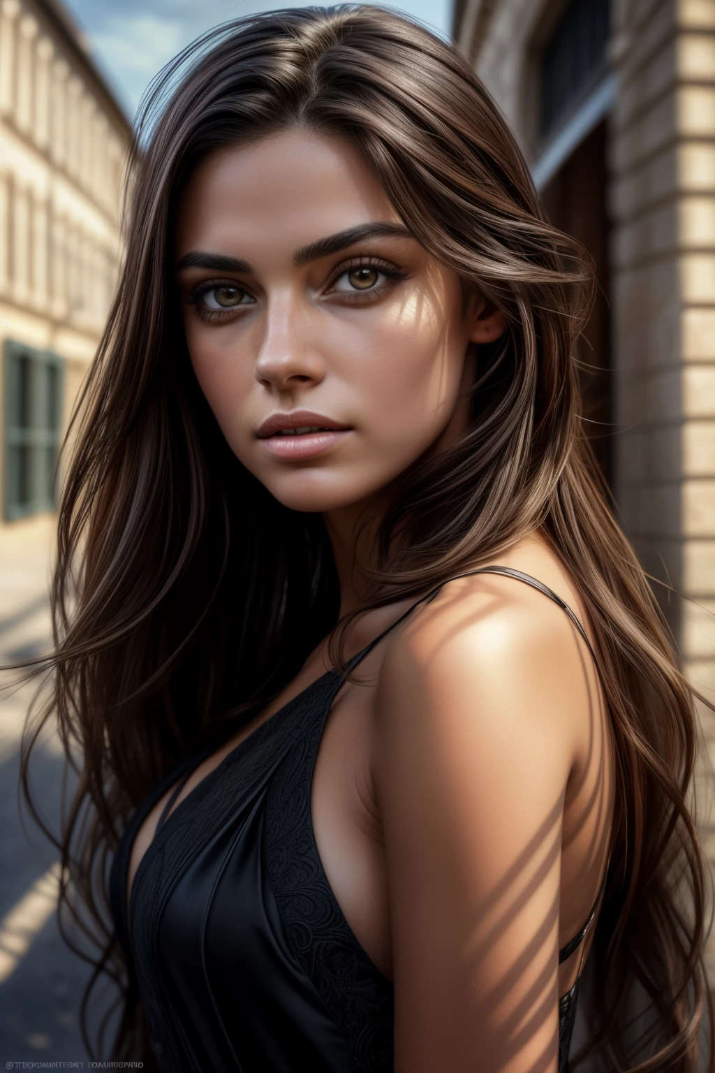 (photorealistic, masterpiece, best quality, ultra-detailed), Madison, a Brazilian woman with long brunette hair, wearing a seductive black dress, stands outside, with her body and head straight in the photo, ((medium)) facing the viewer, her eyes intently staring at the lens, 4K resolution, ((cinematic look)), natural skin texture, film grain, soft cinematic light, sidelighting, hyperdetailed, intricate, sharp focus, realistic shadows, high contrast, detailed facial features, expressive eyes, exquisitely rendered fabric texture.
