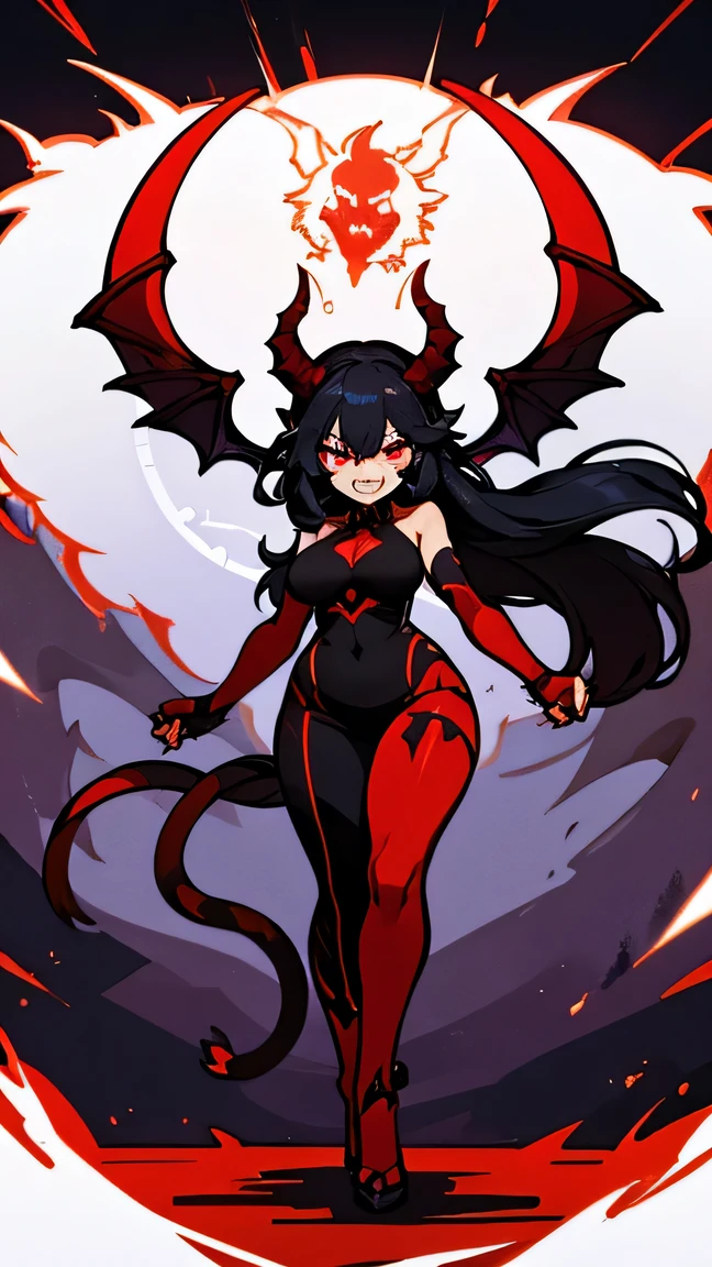 Mature curvaceous demon woman with long black hair, sharp teeth, glowing red eyes, lion tail, adult, powerful, large wings on back, ram horns, flirty