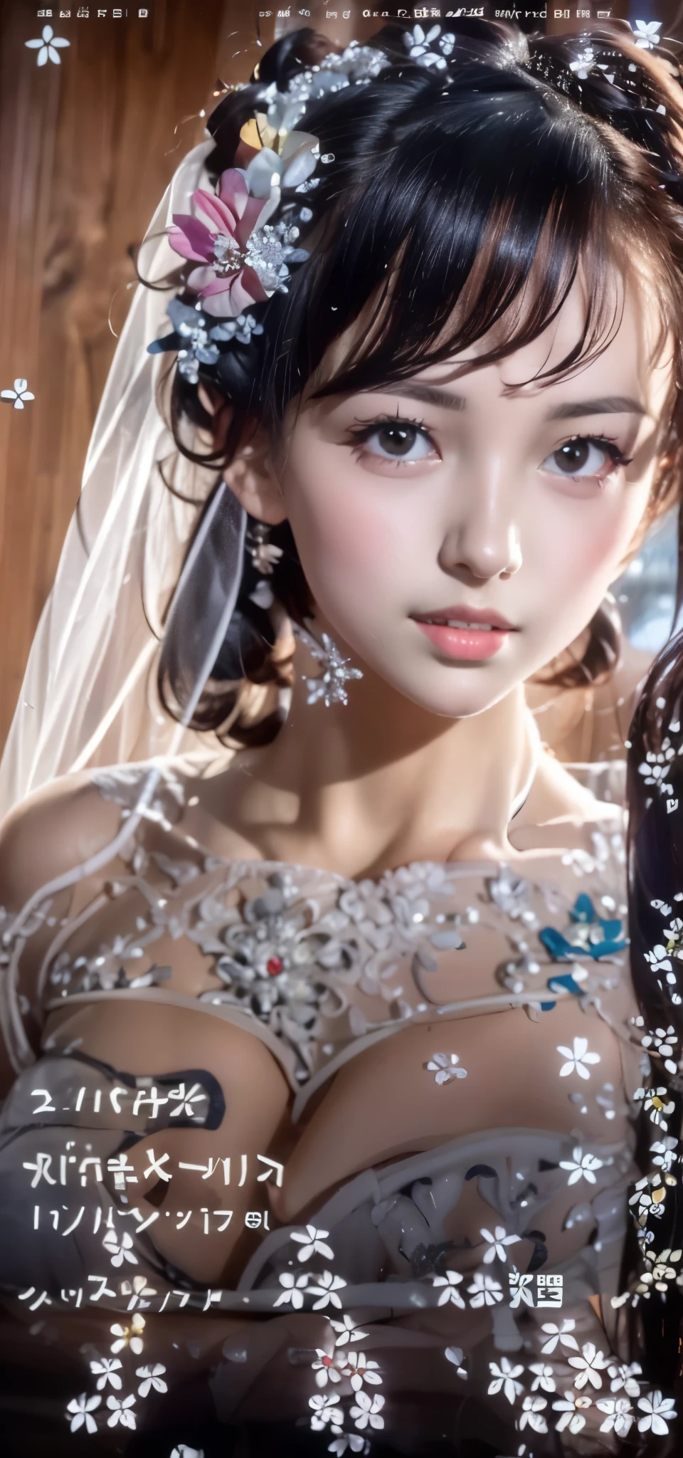 (((Pixel perfect, Perfect details))), alone, 1 girl, yuigahama yui,  Close-up of beautiful bride wearing beautiful wedding dress,Gurwitz, (bridal veil:1.5），（transparent short veil：1.5），blush，eye shadow，Blushing face，Head flower，headgear，bouquet，（tube top wedding dress：1.5），（silk dress：1.2）,（strapless wedding dress：1.5）,pure white dress，necklace，earrings，(large breasts:1.3)，Bangs，lipstick，（White long elbow gloves：1.4）,full-body shot,High-detail RAW color art,White long skirt，upper body，(standing on the railroad tracks:1.3),18 years old, （long twintails：1.5）,(double bun:1.5), black hair