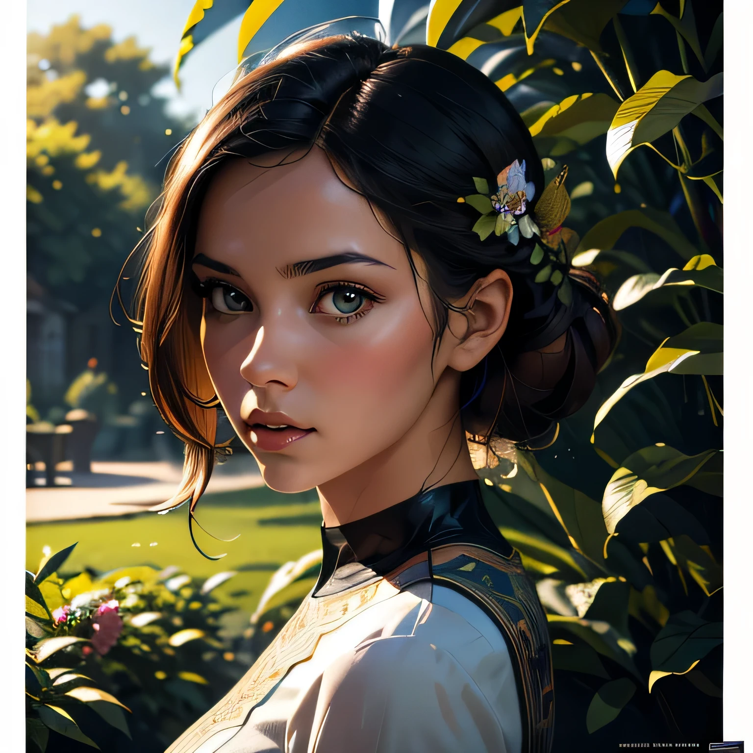 professional painting by Android Jones of a single cute girl. The girl has pensive and hopeful expression. There is a garden in background. cinematic focus on the girl, dynamic pose, dynamic background, dynamic composition, dynamic lighting, realistic proportions, hdr, raytracing, extreme detailed, ultra detailed, intricate details, highly detailed atmosphere, highly detailed textures.