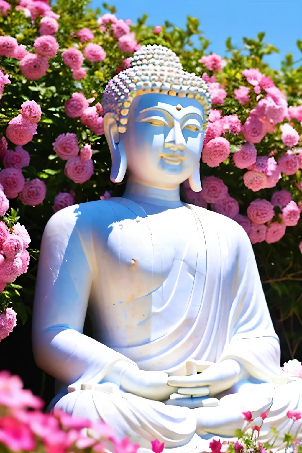 明るい背景のGreat Buddha像　Great Buddha　solo front　looking here　halo is shining　upper body only　body is 70 on screen%Profession　hold hands　Like a photograph　The background is full of flowers　The background color is pink wonderful background