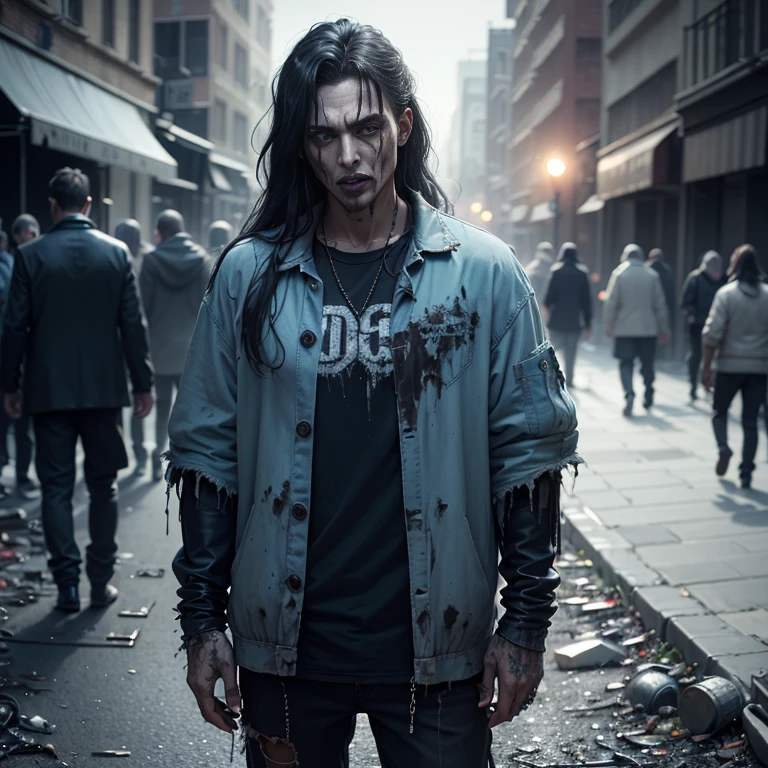 high quality photorealistic image of a rotten skin man with black hair and light blue eyes, rotten skin, rotted away skin, vampire of clan urban gangrel, rotten male vampire, ((light blue)) baggy eyes, with haunted eyes and dark hair. male features, decaying skin, putrefied skin, long black hair, rotten skin, goth clothes, pretty goth clothes, nice clothes, good clothes, MAN, MALE, ROTTEN SKIN, ZOMBIE VAMPIRE, ROTTEN, ROT, FANCY CLOTHES