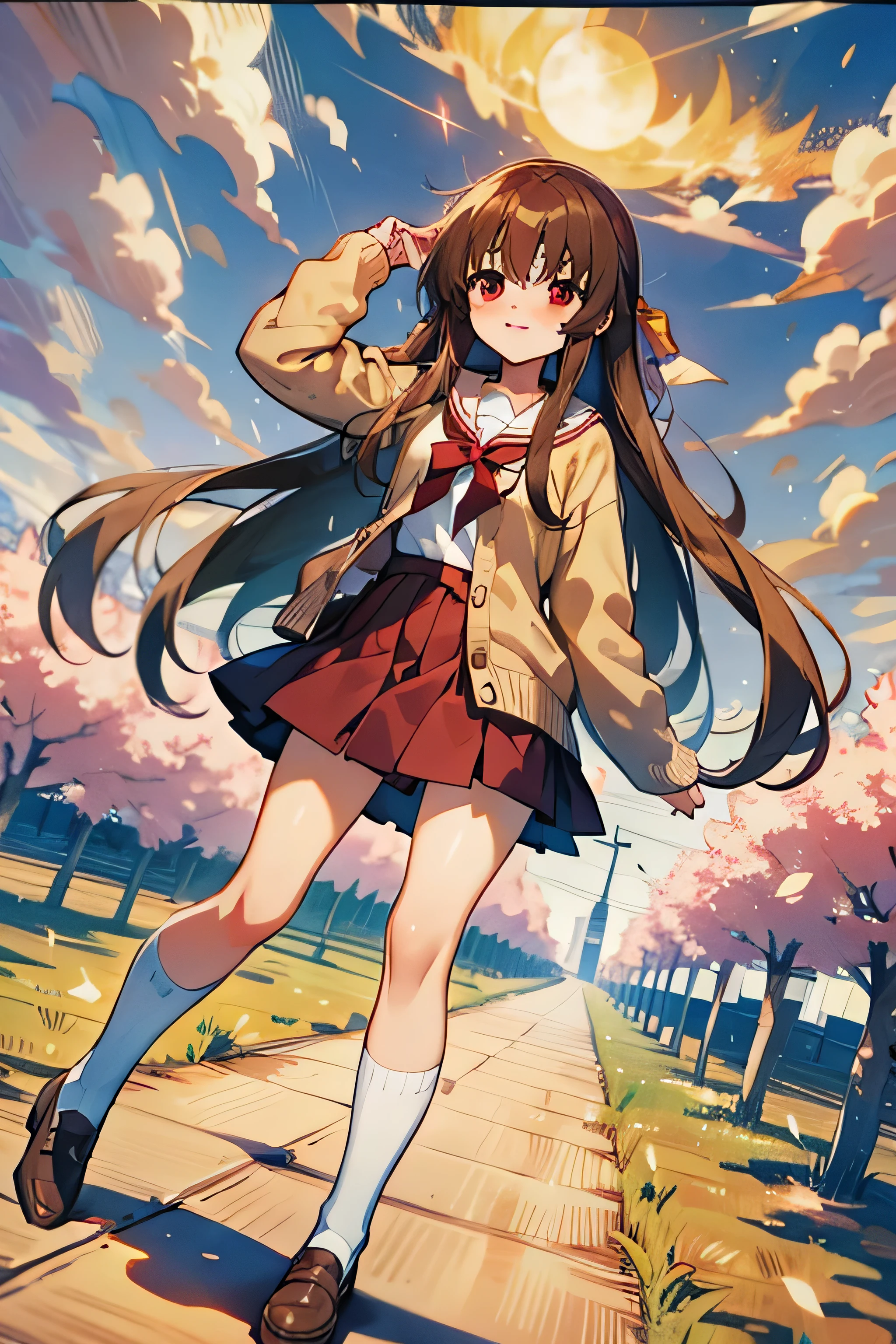 1girl, best quality, nagamori mizuka, ONE kagayaku kisetsu he, red eyes, long hair, light brown hair, yellow ribbon behind hair, school uniform, red skirt, knee length skirt, white socks, brown shoes, white shirt with a red bow, sand colored cardigan sweater, smiling, full body, outdoors, spring, city