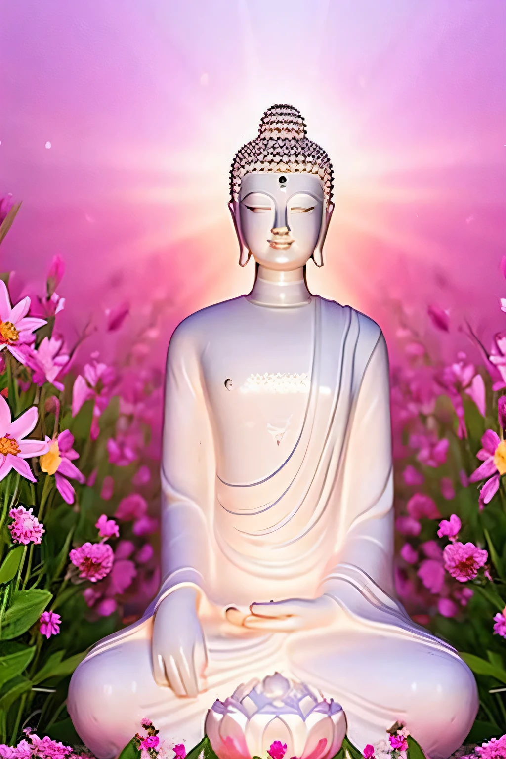 明るい背景のGreat Buddha像 Great Buddha solo front looking here halo is shining upper body only body is 70 on screen%Profession hold hands Like a photograph The background is full of flowers The background color is pink wonderful background