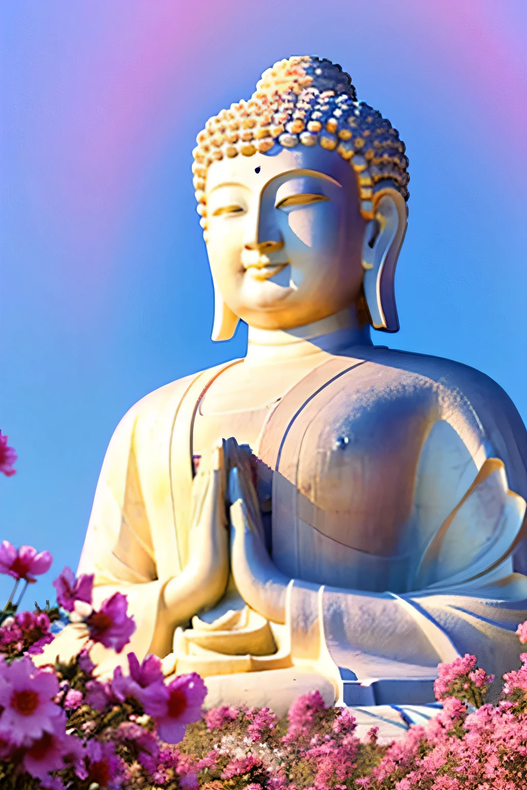 明るい背景のGreat Buddha像　Great Buddha　solo front　looking here　halo is shining　upper body only　body is 70 on screen%Profession　hold hands　Like a photograph　The background is full of flowers　The background color is pink wonderful background