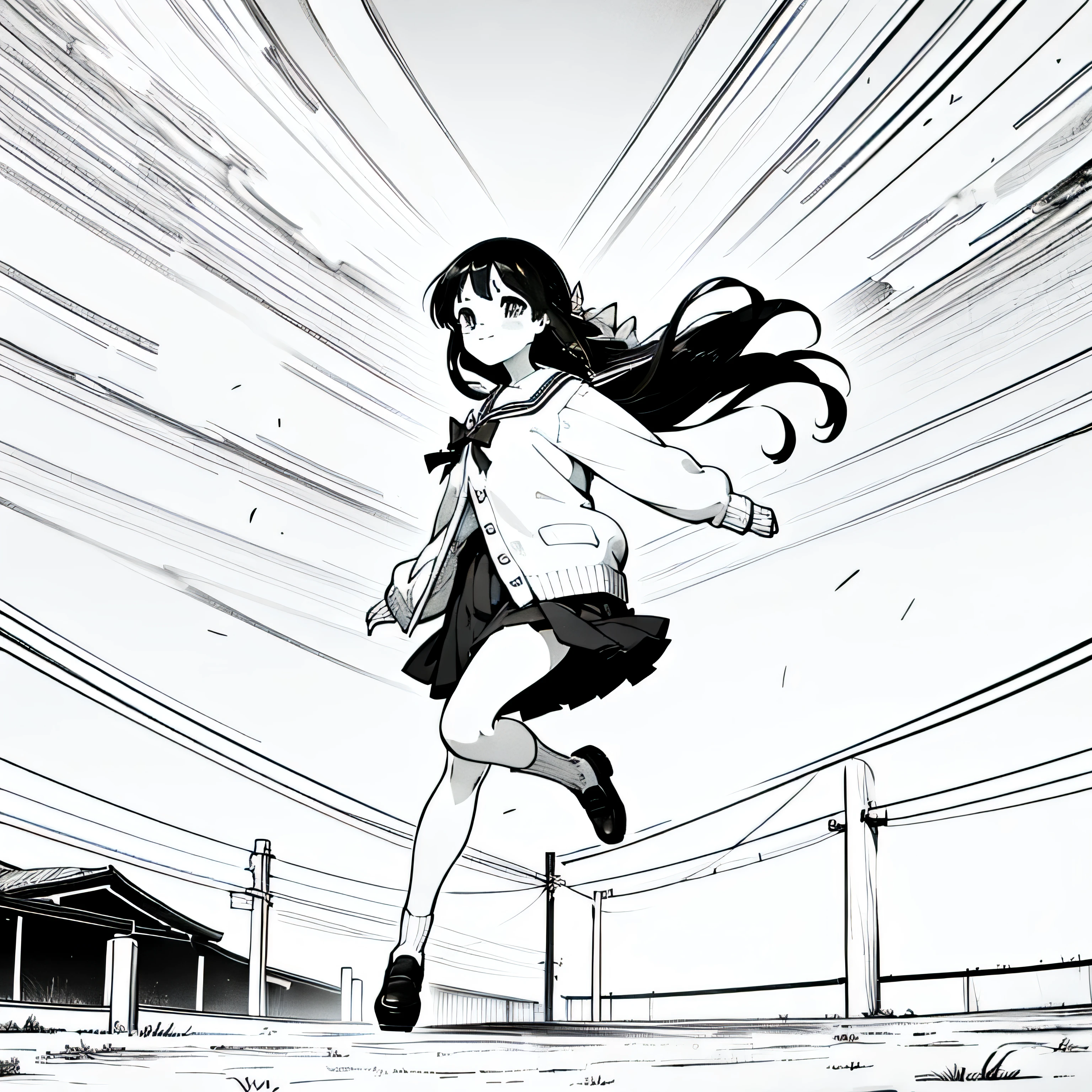 1girl, best quality, hdr, lineart, monochrome, nagamori mizuka, long hair, ribbon behind hair, school uniform, knee length skirt, white socks, dark skirt, school shoes, shirt with a bow, cardigan sweater, smiling, full body, outdoors, holding a school suitcse, in front of a house