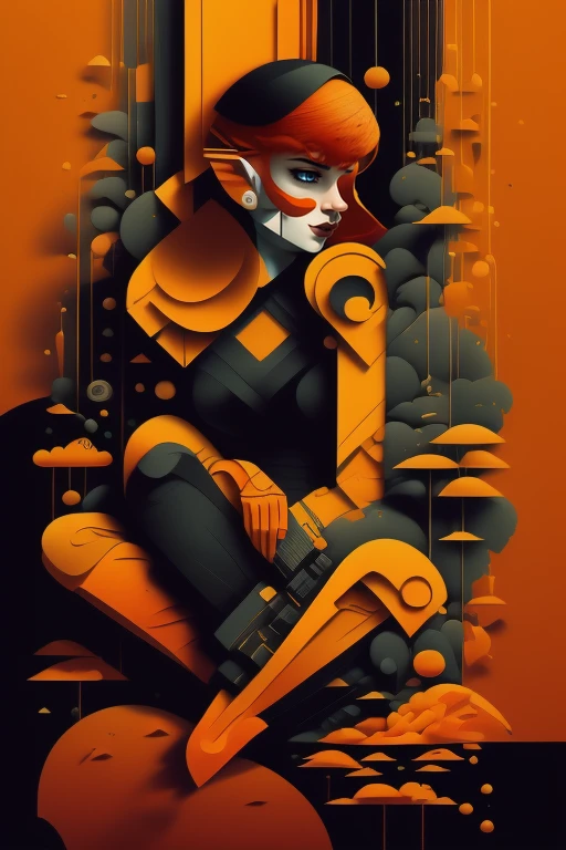 (obra-prima, 4k, ultra detalhado, foto delicada: 1.2), illustration, 1girl, minimalism, colors should be vibrant and vivid, with a harmonious color palette. UPPER BODY, orange hair, crossed arms, fashion cloths, model (fundo simples, fundo preto1.4), (cor azul e vernelho) (Art Deco:1.4), (Detalhado:1.4), (minimalismo:1.4), (limpo:1.4), (vetorial:1.4), CCDDA Artstyle, secret agent poster

