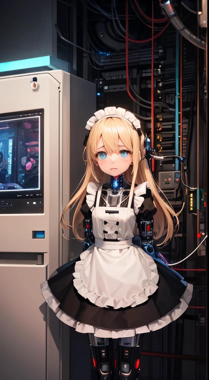 small girl, sad half of her face is machine, mechanical jaw, cybernetic eyes , cyborg arms and legs , , long blonde hair, crying, connected to a machine , blue leds , wires connected to the body , biomecanica , maid , front , cyberpunk