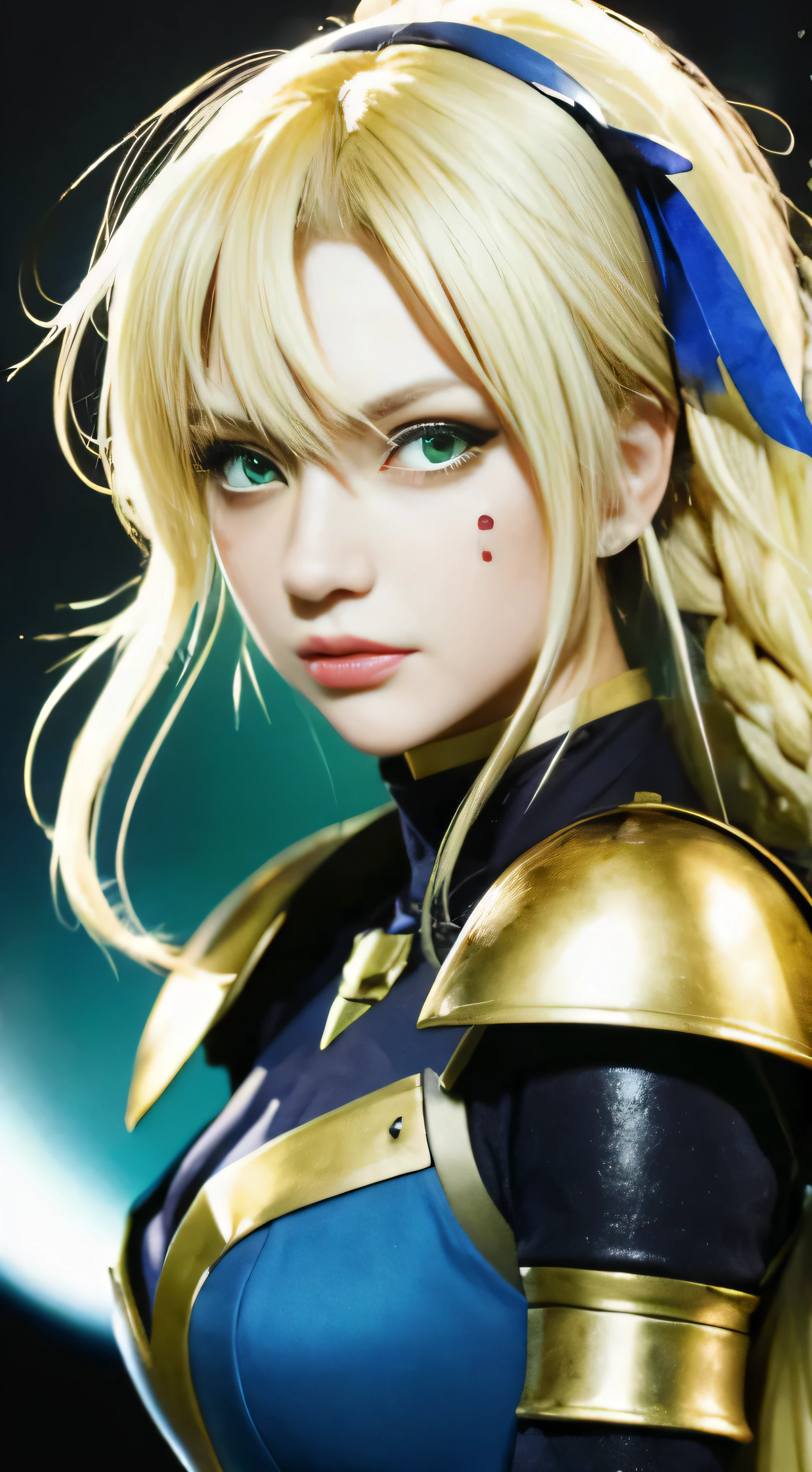 (masterpiece:1.2), (absurdres), (detailed face),(detailed eyes), (best quality) (traditional media:1.2)  , (white backround), upperbody, (expressionless),  artoria_pendragon_(fate), saber, armor, blonde hair, gauntlets, green eyes, hair ribbon, armored dress, ahoge, blue dress,