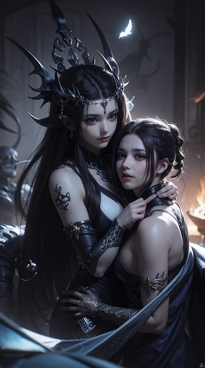 Third eye on forehead, Portrait, Close-up photo, gorgeous composition, Two women in white and black dresses stand side by side., They have beautiful faces., beautiful face, Beautiful Gemini, both good and evil., Eros and Thanatos, 2 angel, angel, angelกับปีศาจ, Darius Zawadski and Tom Bagshaw, Tom Bagshaw art style, The villain has black angel wings., angel and demons, fallen angel, beautiful gemini twins, big breasts, fully grown breasts, attractive body, Fascinating beauty, Tight outfit, นางฟ้าbig breastsโต, Plump breasts, fully grown breasts, Two angels who are both gods and devils., Angels have a total of 12 wings with different styles to represent a mix of good and evil., The 6 left wings are the wings of the gods. It has the appearance of a large, beautiful, light-filled bird wing. Contains white, The 6 right wings are the wings of the devil. It has the appearance of a bat&#39;s wings, which are sharp and dark. Contains black, These two angels stood on the ground that was divided into two parts. One part is a green field with flowers in bloom. Another part of the ground was dry and cracked, with small flames rising from it., The angel&#39;s face had a beautiful appearance and a hint of strength. , Her mouth was bright red., One eye was bright blue. Expressing kindness and hope The other side is dark red. It represents mystery and danger., Her hair was jet black, extremely long, two meters long., She wore an outfit that was a combination of divine armor and a devil&#39;s cloak., A tight leather outfit emphasizes the figure. A tight outfit., The wings are both white and black., There are wings that are clearly separated from each other., white wings, Black wings, This image was meant to show the balance between good and evil. light and darkness Living together in these two angels, Amazing harmony, The two expressed their love., Kiss each other