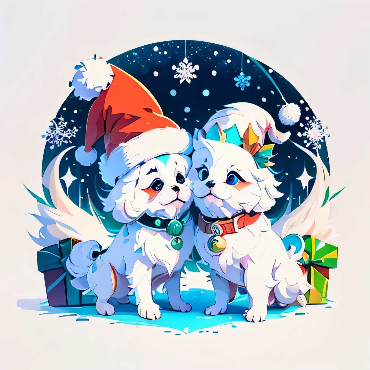 a sticker 3D vector art、Colorful cute white pekingese dog、dog is wearing a christmas hat、dog has a bell&#39;Collar、 cute christmas present, dog is fluffy、Ultra-realistic high quality,  Cute and quirky, Fantasy Art, Watercolor effect、 hugging a dog