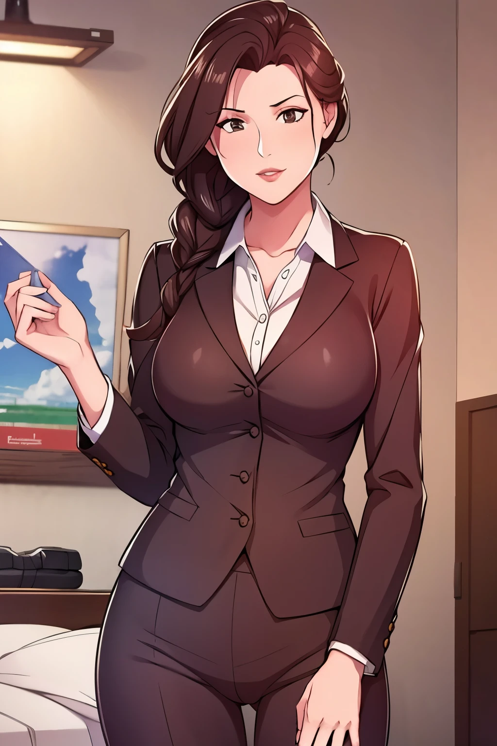 Holley,wearing a brown office suit, high quality,4k, 