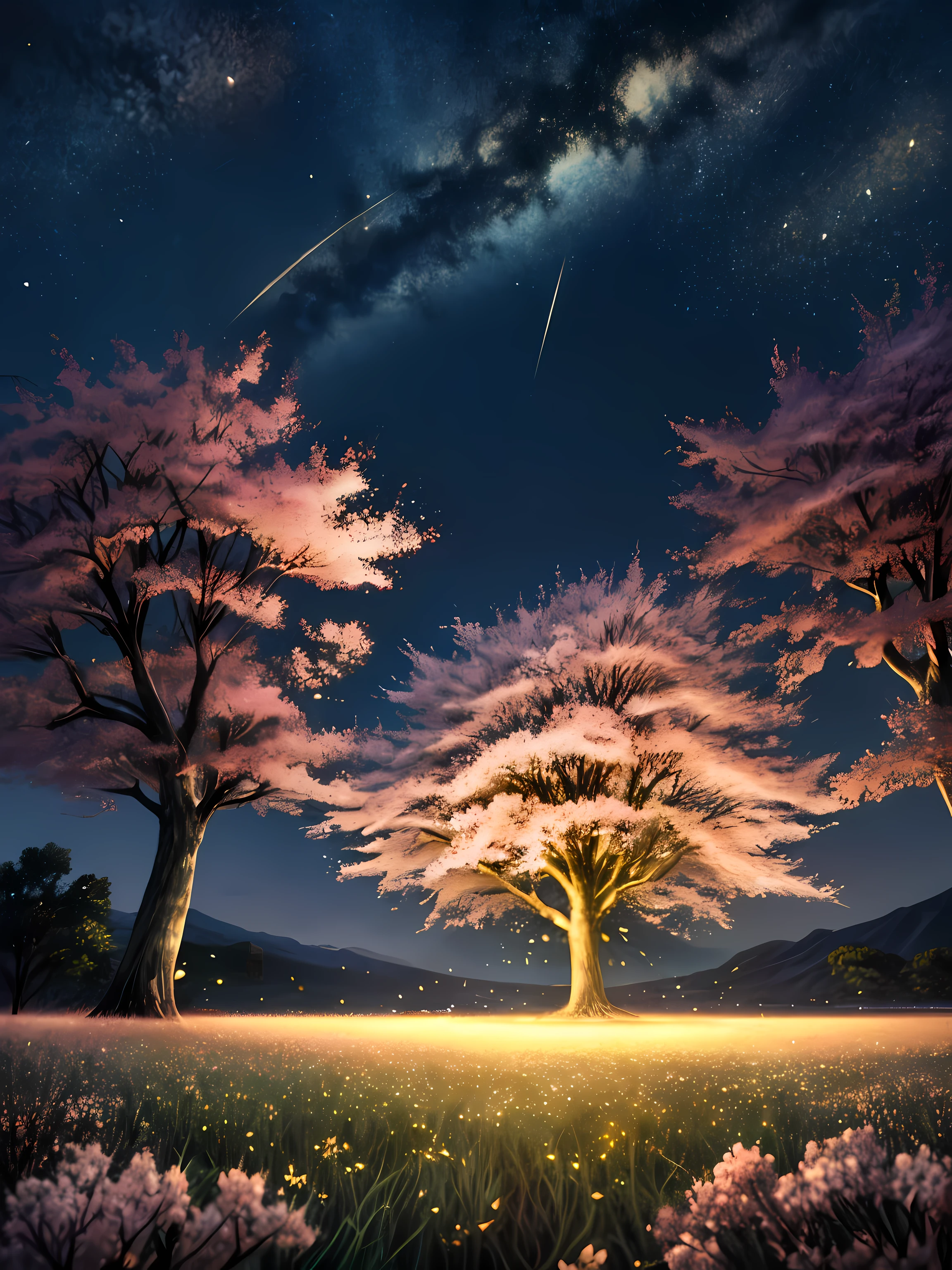 Far away view, evening time, 1 big sakura tree in middle, large field, grass, small flowers, plains, stars in sky, fireflies,
