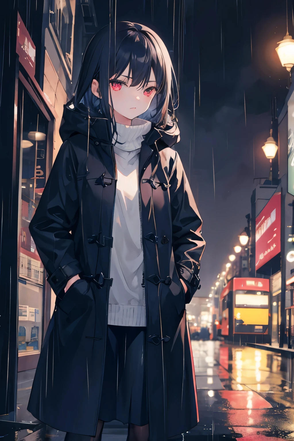 1girl,night city,rain,coat,hands in pockets
