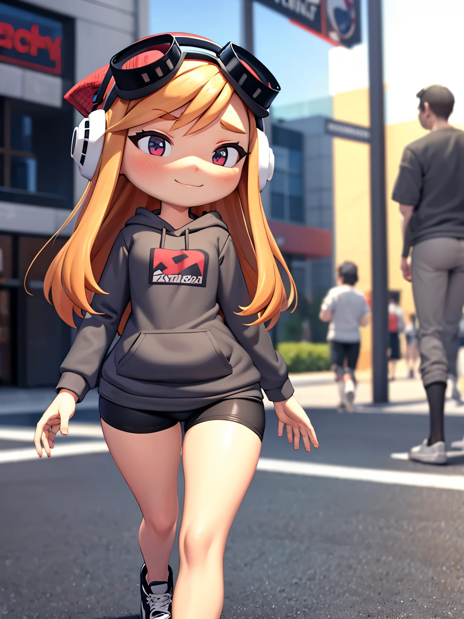 masterpiece, best quality, meggy, headphones, goggles on head,  grey hoodie, black t-shirt, black spandex shorts, sneakers, low angle, slender body, wide hips, thicc thighs, happy, blushing, rear view, walking, mall background, out of focus background 