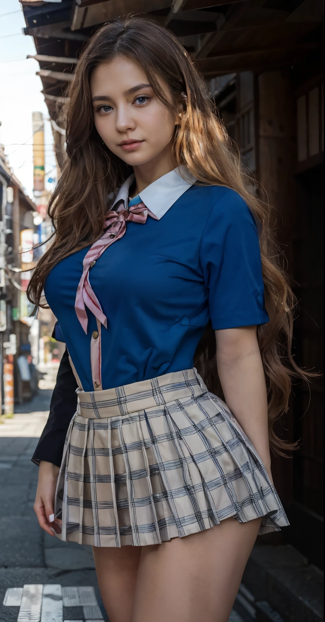 ((top-quality、masterpiece:1.3))、((Russian beauties))、1 female、14years、large full breasts:1.1、Slender body type:1.6、Toned abs、((Blonde semi-long hair))、((Japan uniform:1.5))、Super Detailed Face、Detailed lips、detailedeyes、double eyelid、Plump smile、blue-sky、cloud、Looking to the right、blue eyess、wide Shots、full body wide shot、Model pose posing with hands on buttocks