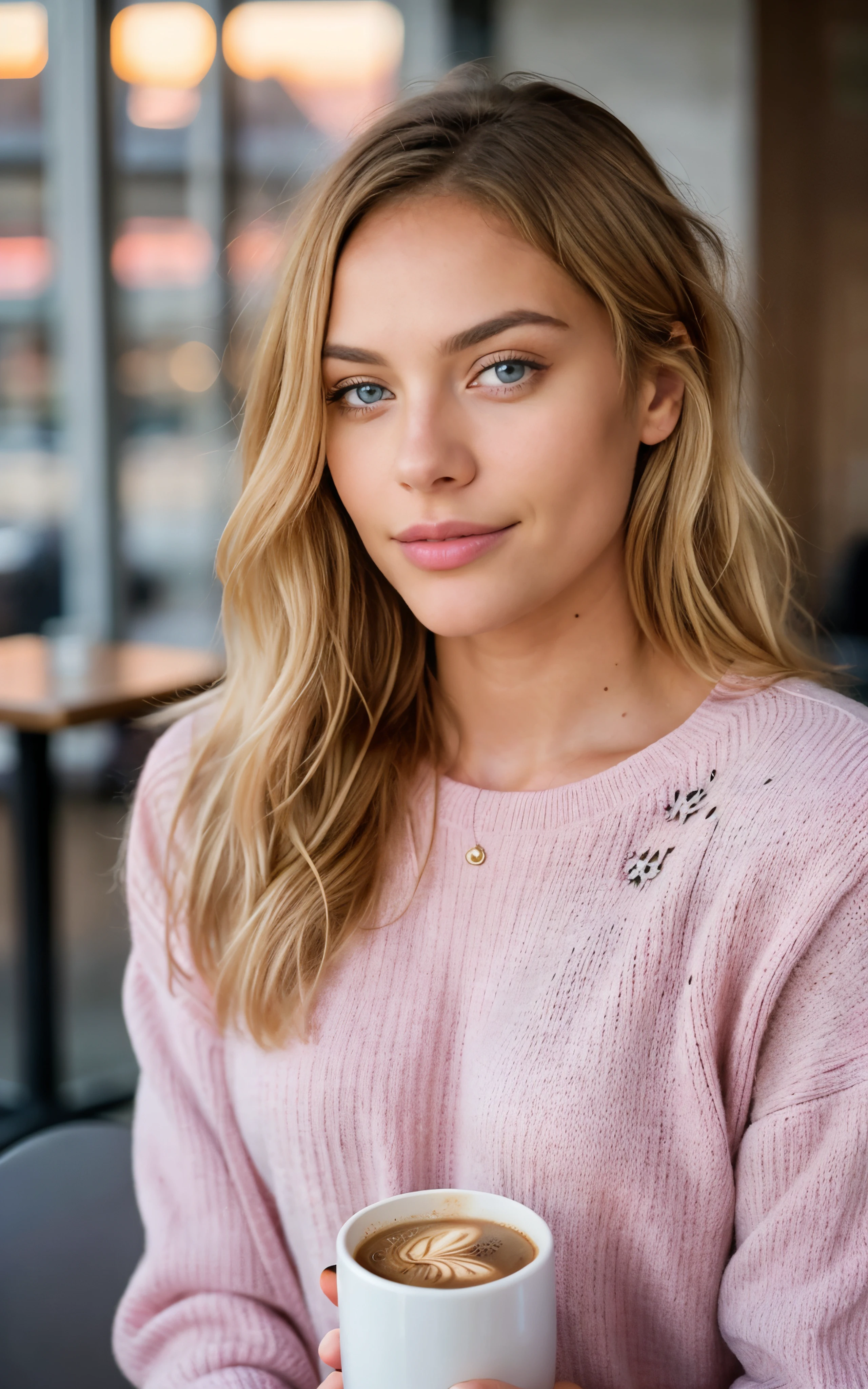 beautiful blonde wearing pink sweater (sipping coffee inside a modern café at sunset), very detailed, 21 years old, innocent face, natural wavy hair, blue eyes, high resolution, masterpiece, best quality, intricate details, highly detailed, sharp focus, detailed skin, realistic skin texture, texture, detailed eyes, professional, 4k, charming smile, shot on Canon, 85mm, shallow depth of field,  kodak vision color, perfect fit body, extremely detailed, foto_\(ultra\), photorealistic, realistic, post-processing, maximum detail, roughness, real life, ultra realistic, photorealism, photography, 8k uhd, photography